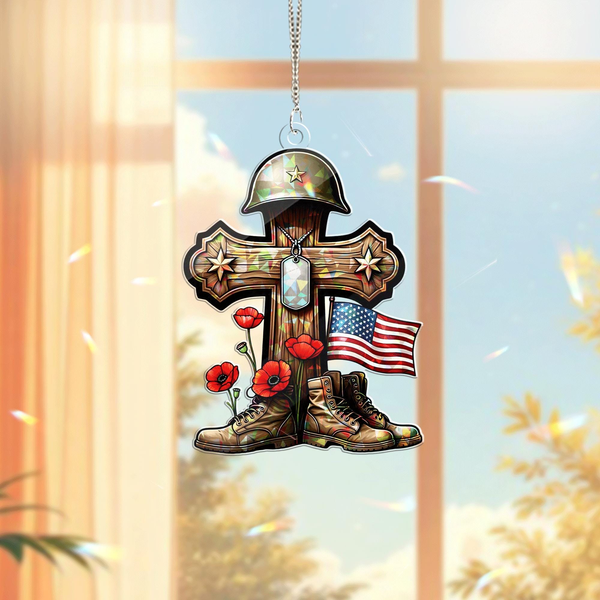 4th of July Memorial Acrylic Window Hanging – Patriotic Cross Suncatcher with Flag, Helmet, Boots & Poppies – Military Tribute Gift