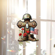 4th of July Memorial Acrylic Window Hanging – Patriotic Cross Suncatcher with Flag, Helmet, Boots & Poppies – Military Tribute Gift