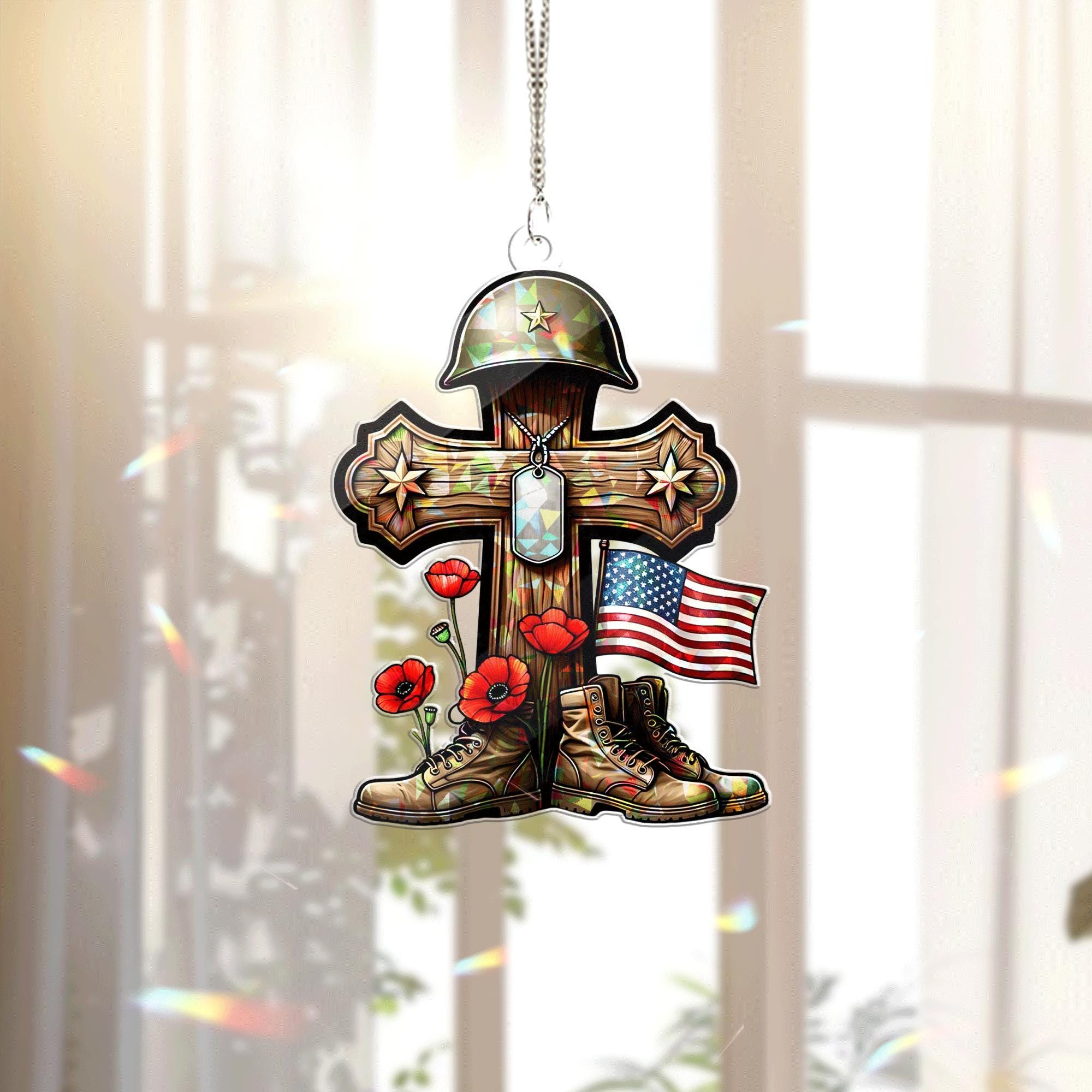 4th of July Memorial Acrylic Window Hanging – Patriotic Cross Suncatcher with Flag, Helmet, Boots & Poppies – Military Tribute Gift