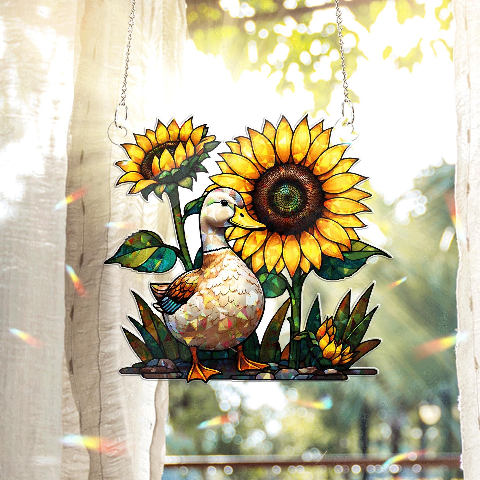 Summer Duck and Sunflower Acrylic Window Hanging – Cute Farmhouse Animal Suncatcher for Sunroom, Garden, or Kitchen Decor