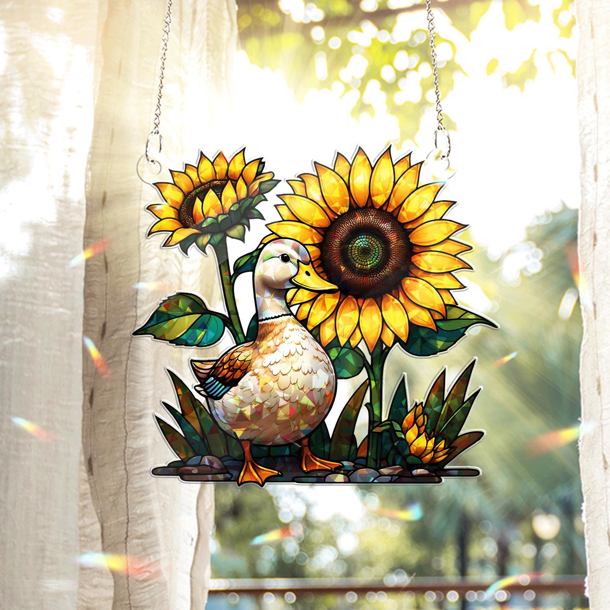 Summer Duck and Sunflower Acrylic Window Hanging – Cute Farmhouse Animal Suncatcher for Sunroom, Garden, or Kitchen Decor