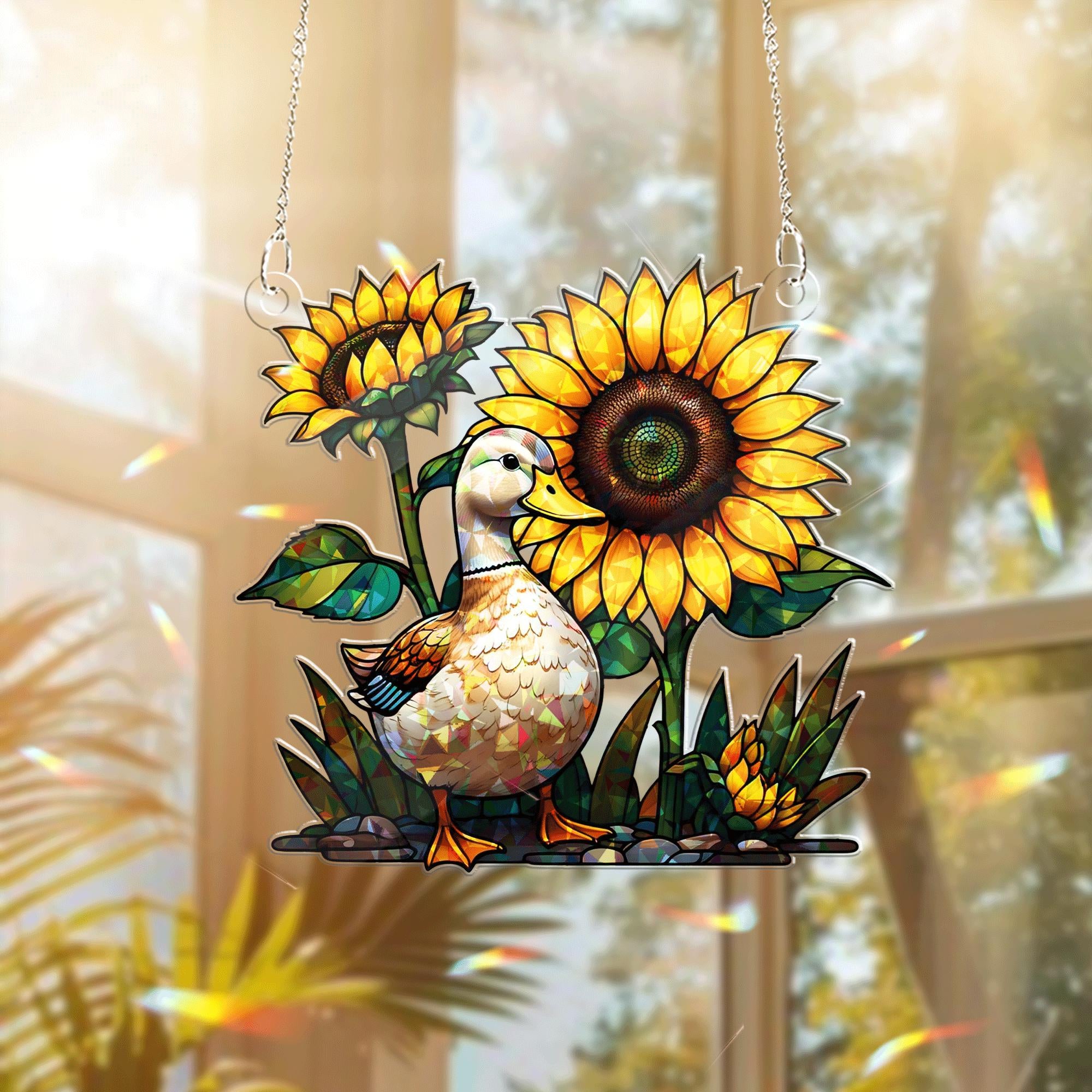 Summer Duck and Sunflower Acrylic Window Hanging – Cute Farmhouse Animal Suncatcher for Sunroom, Garden, or Kitchen Decor
