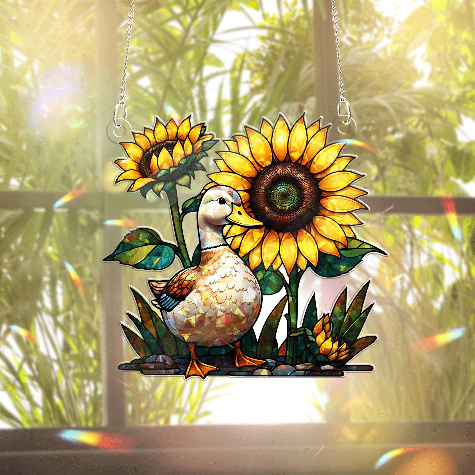 Summer Duck and Sunflower Acrylic Window Hanging – Cute Farmhouse Animal Suncatcher for Sunroom, Garden, or Kitchen Decor