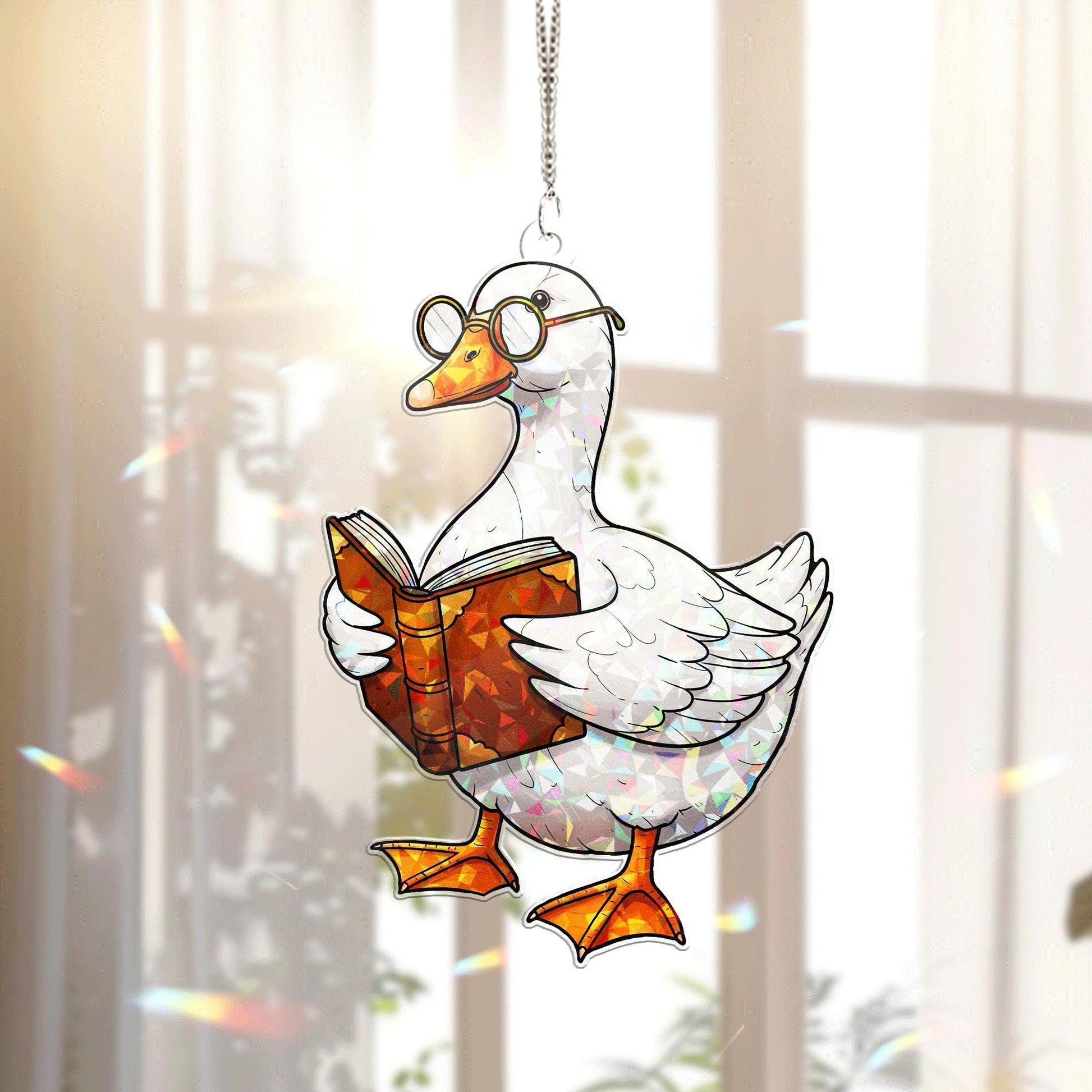 Bookish Duck Acrylic Window Hanging – Cute Nerdy Duck Reading Book Suncatcher for Book Lovers, Library, Teacher, or Study Decor