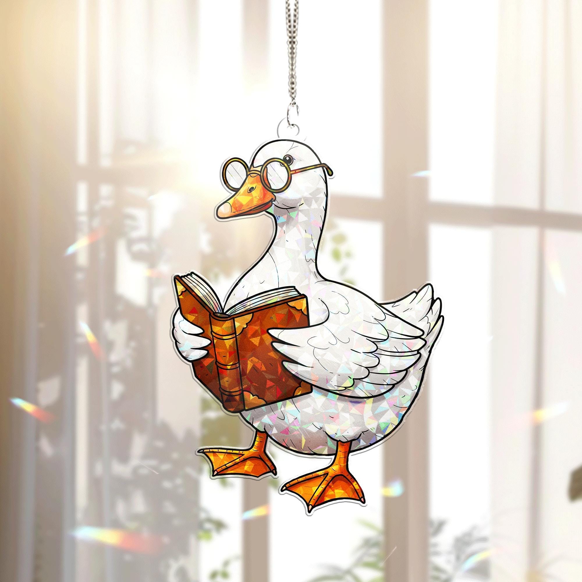 Bookish Duck Acrylic Window Hanging – Cute Nerdy Duck Reading Book Suncatcher for Book Lovers, Library, Teacher, or Study Decor