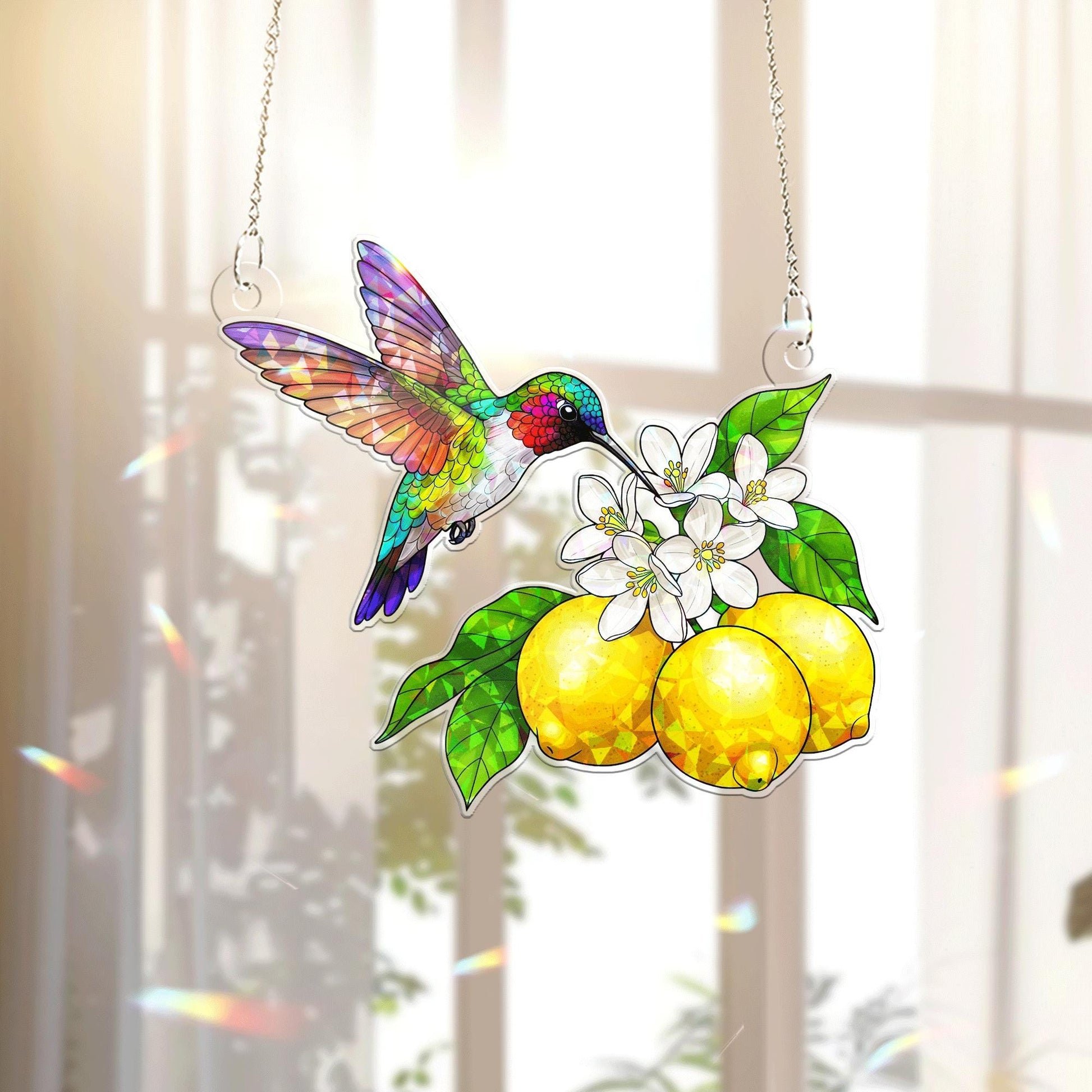Hummingbird and Lemon Acrylic Window Hanging – Summer Suncatcher with Citrus and Blossoms, Vibrant Garden Decor Gift