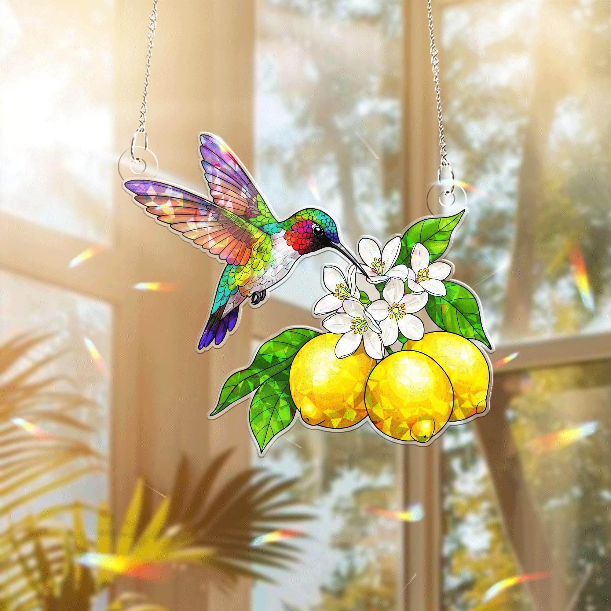 Hummingbird and Lemon Acrylic Window Hanging – Summer Suncatcher with Citrus and Blossoms, Vibrant Garden Decor Gift