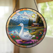 Goose Glass Suncatcher – Mountain Cabin Scene Window Hanging, Rustic Lake Nature Decor, Wildlife Art Gift for Bird and Cabin Lovers