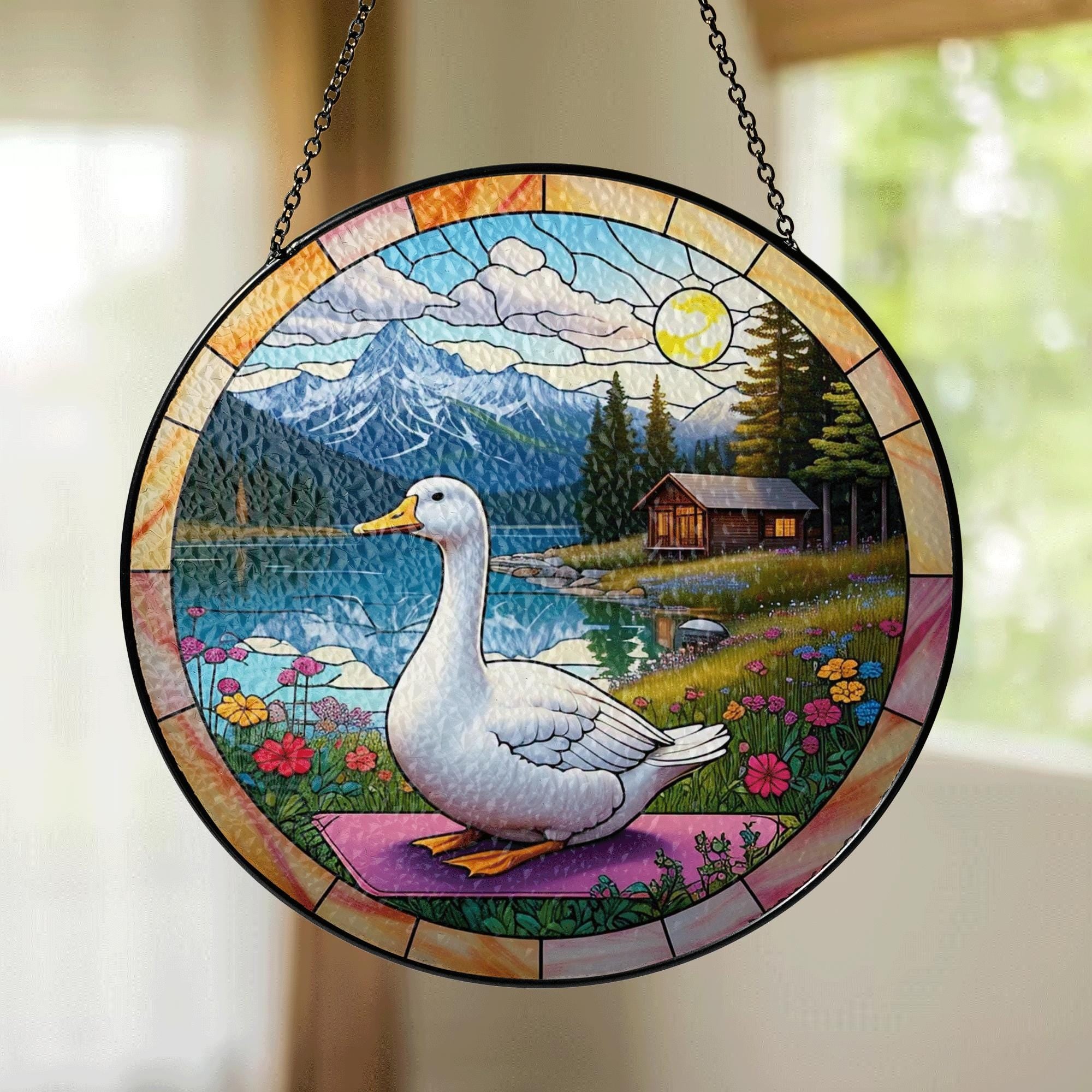 Goose Glass Suncatcher – Mountain Cabin Scene Window Hanging, Rustic Lake Nature Decor, Wildlife Art Gift for Bird and Cabin Lovers
