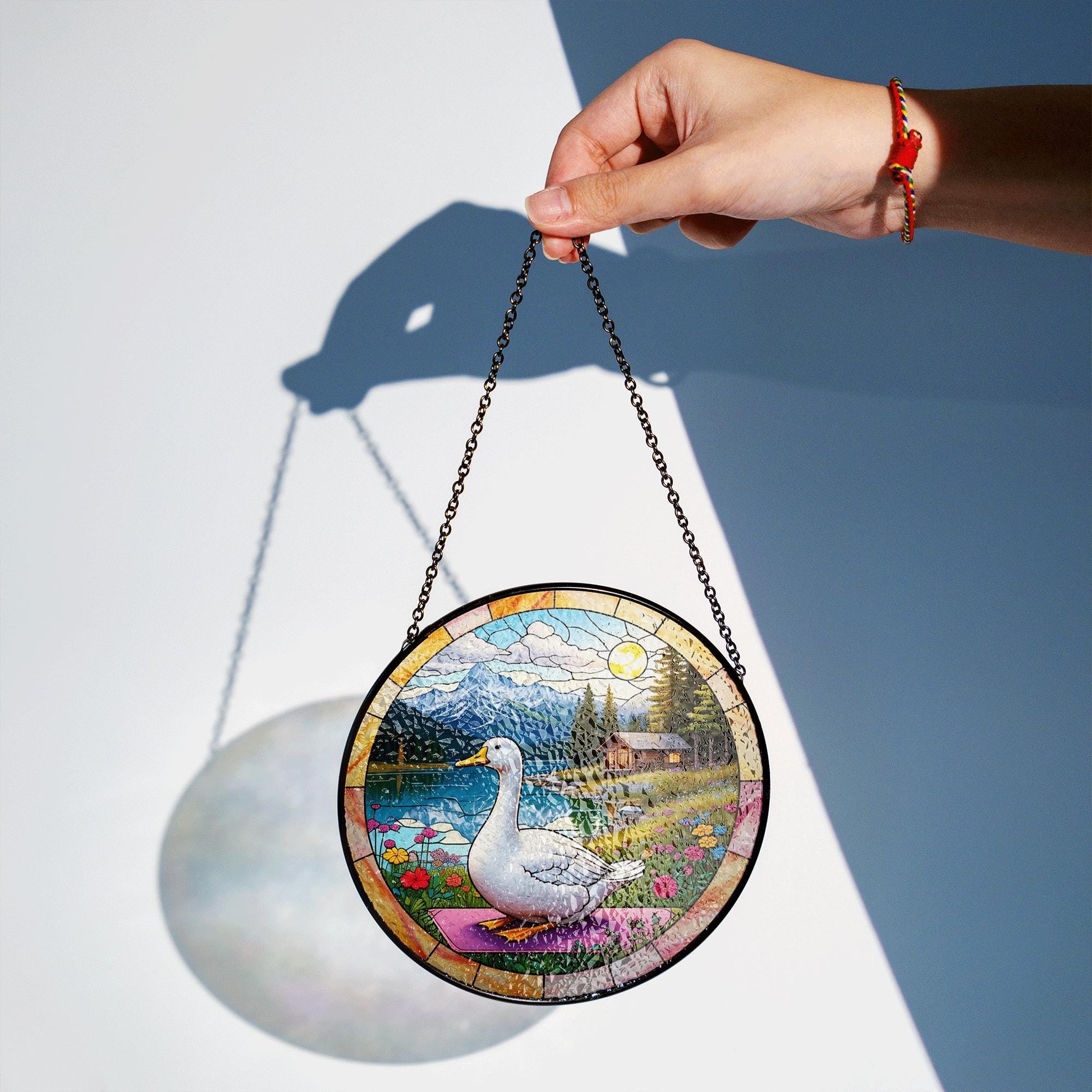 Goose Glass Suncatcher – Mountain Cabin Scene Window Hanging, Rustic Lake Nature Decor, Wildlife Art Gift for Bird and Cabin Lovers