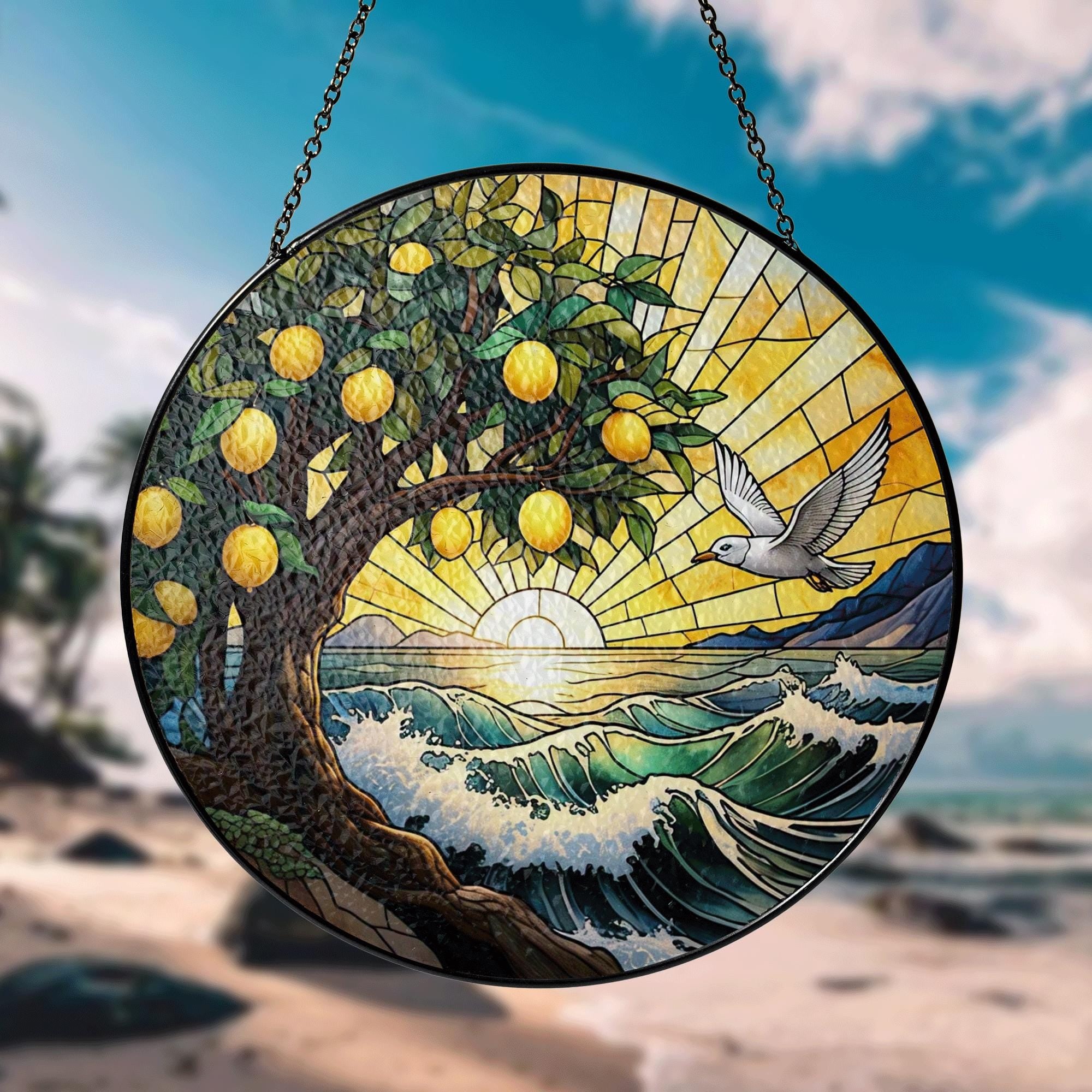 Lemon Tree Ocean Sunset Glass Suncatcher – Summer Coastal Window Hanging, Vibrant Stained Glass Beach Decor with Flying Bird
