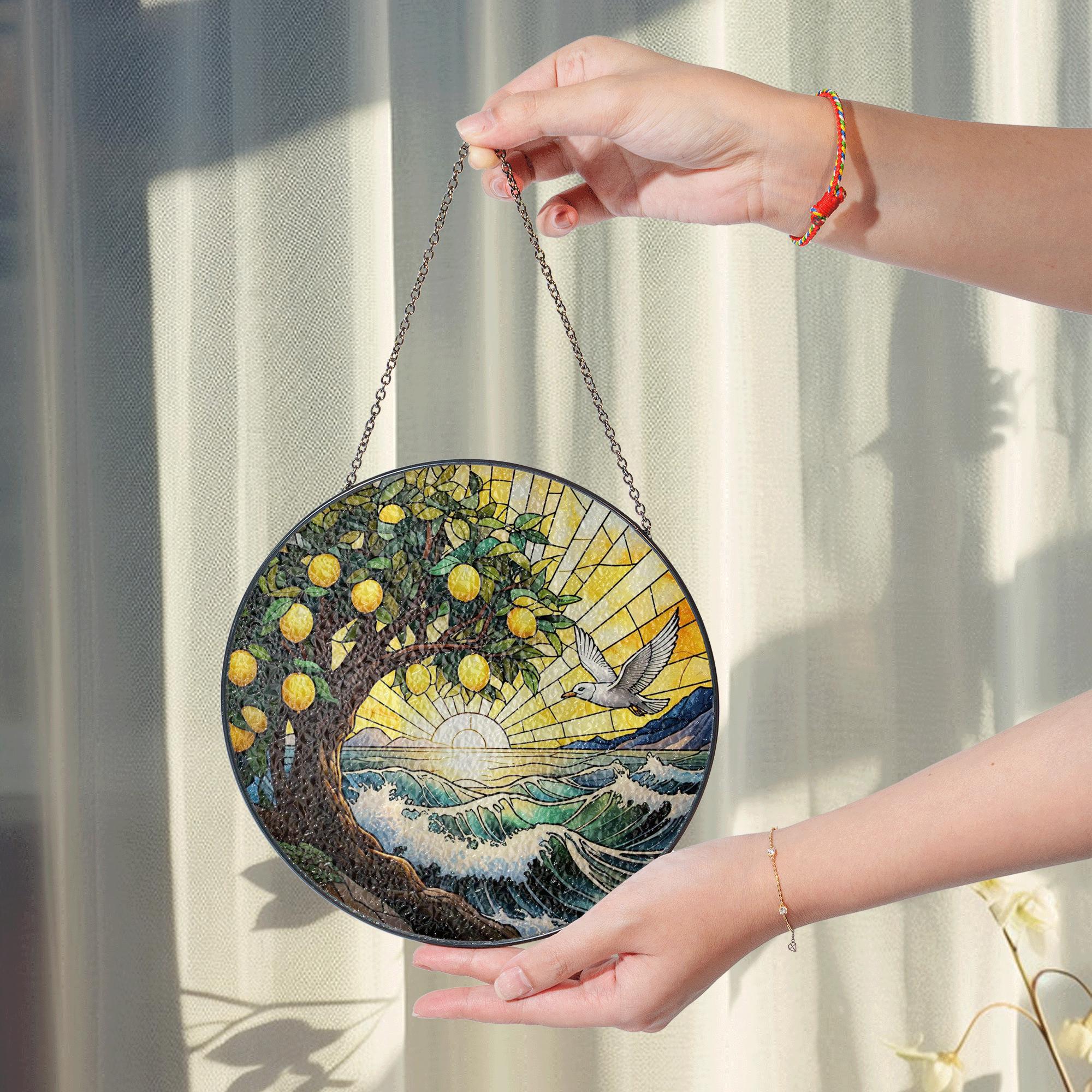 Lemon Tree Ocean Sunset Glass Suncatcher – Summer Coastal Window Hanging, Vibrant Stained Glass Beach Decor with Flying Bird
