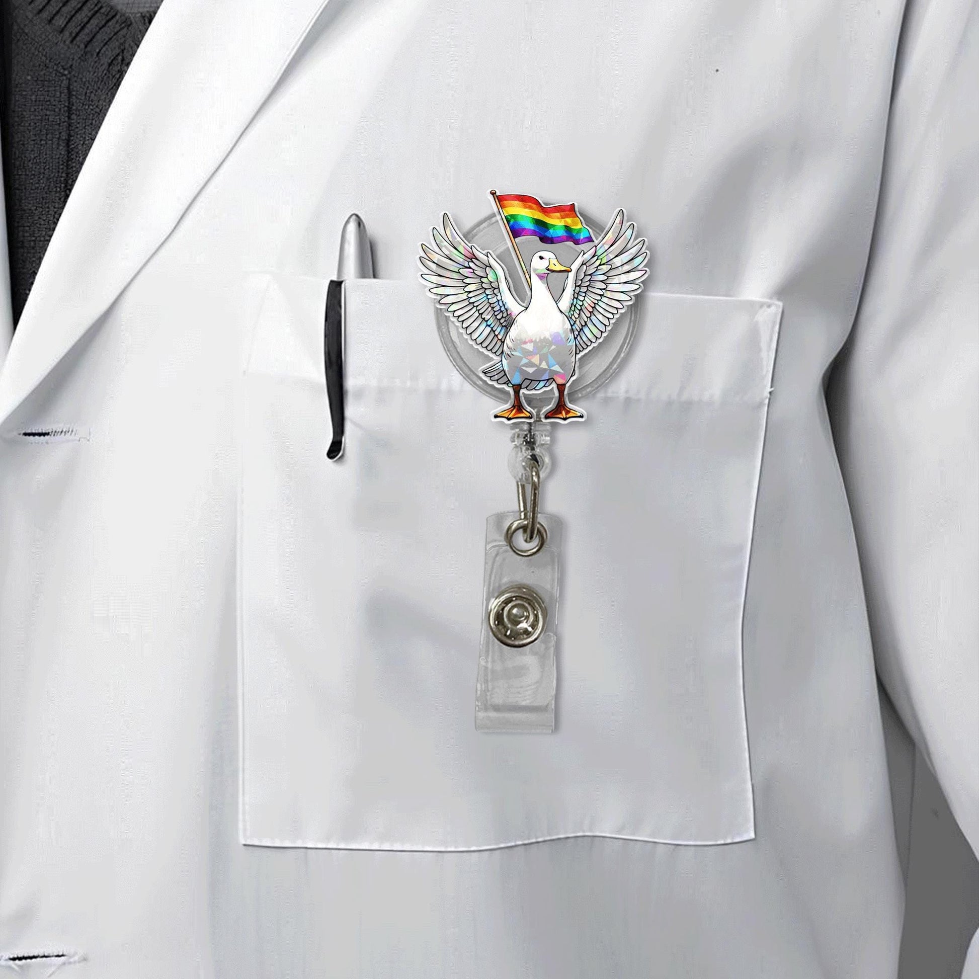 Pride Goose Badge Reel – Funny LGBTQ+ Nurse ID Holder with Rainbow Flag, Cute Retractable Clip for Healthcare, Office & Pride Gift