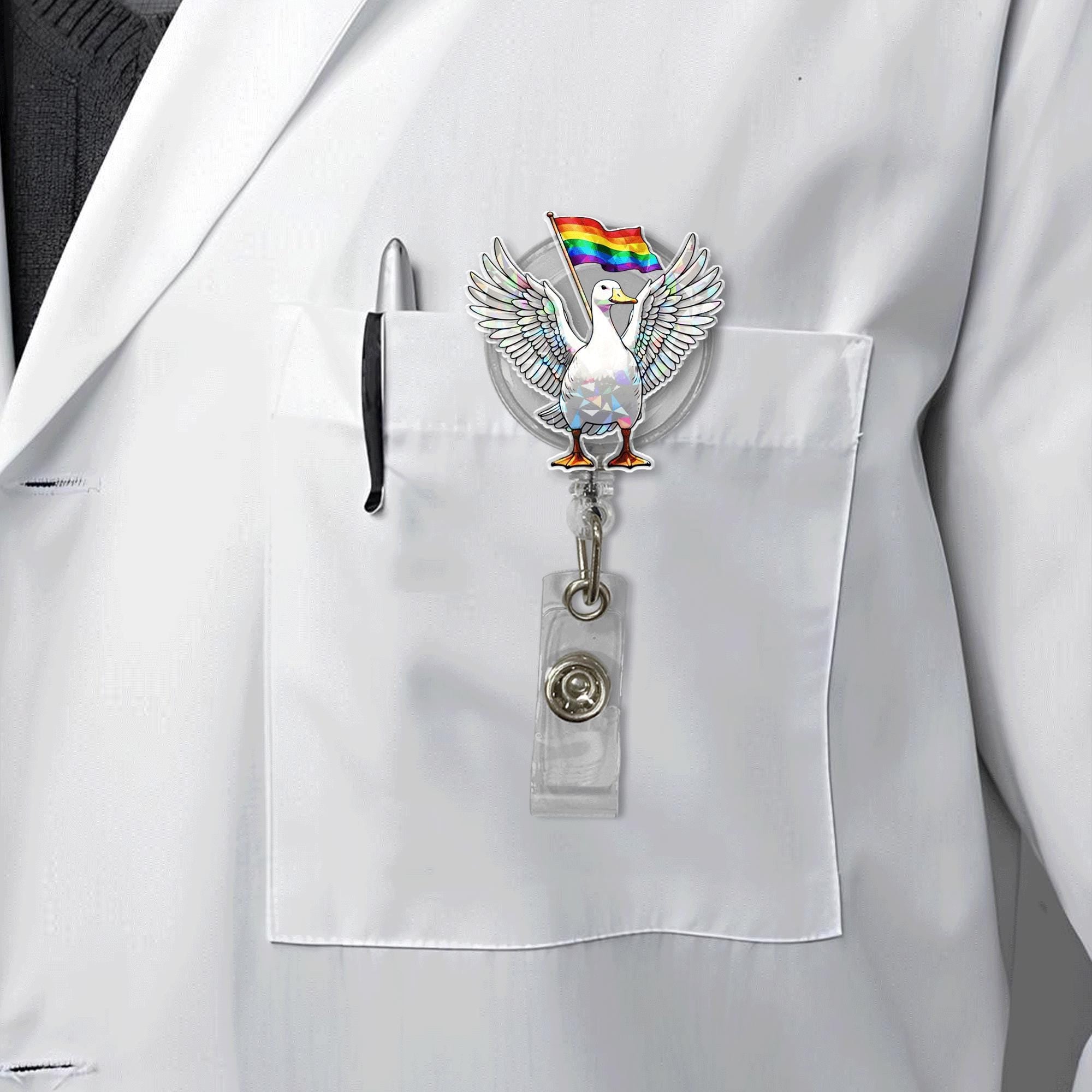 Pride Goose Badge Reel – Funny LGBTQ+ Nurse ID Holder with Rainbow Flag, Cute Retractable Clip for Healthcare, Office & Pride Gift