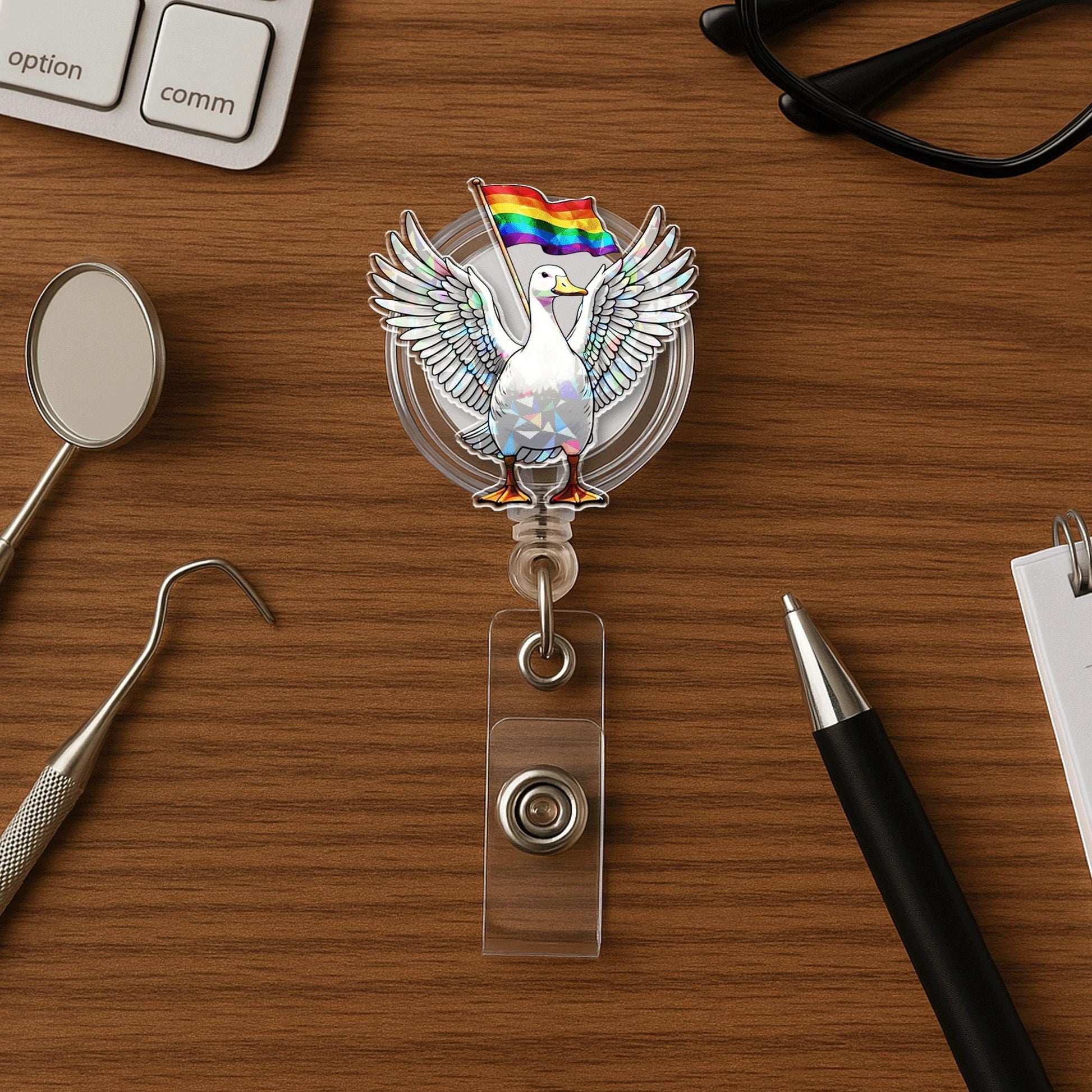 Pride Goose Badge Reel – Funny LGBTQ+ Nurse ID Holder with Rainbow Flag, Cute Retractable Clip for Healthcare, Office & Pride Gift