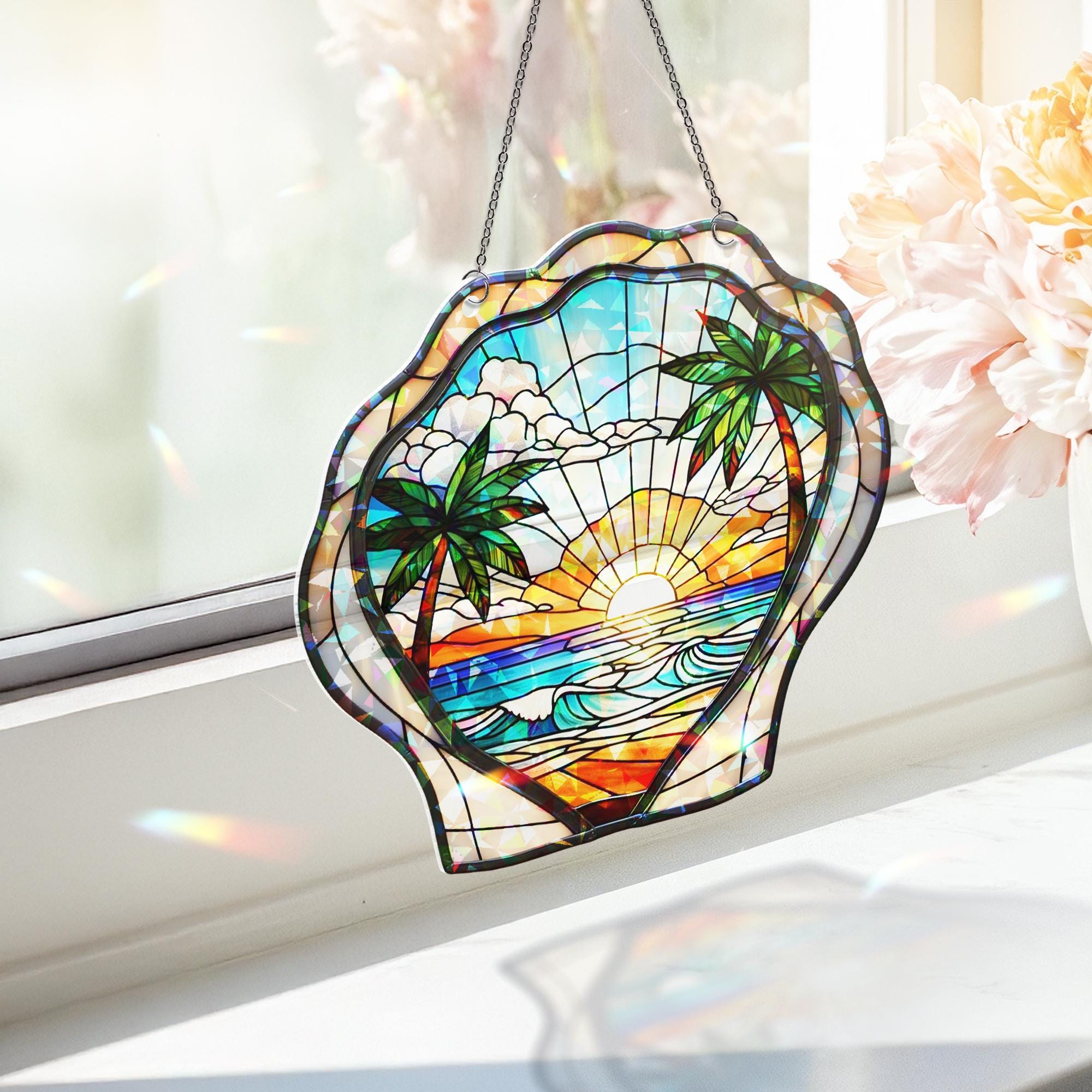 Seashell Hologram Acrylic Window Hanging | Tropical Beach Sunset Suncatcher | Ocean Coastal Decor | Summer Shell Window Art