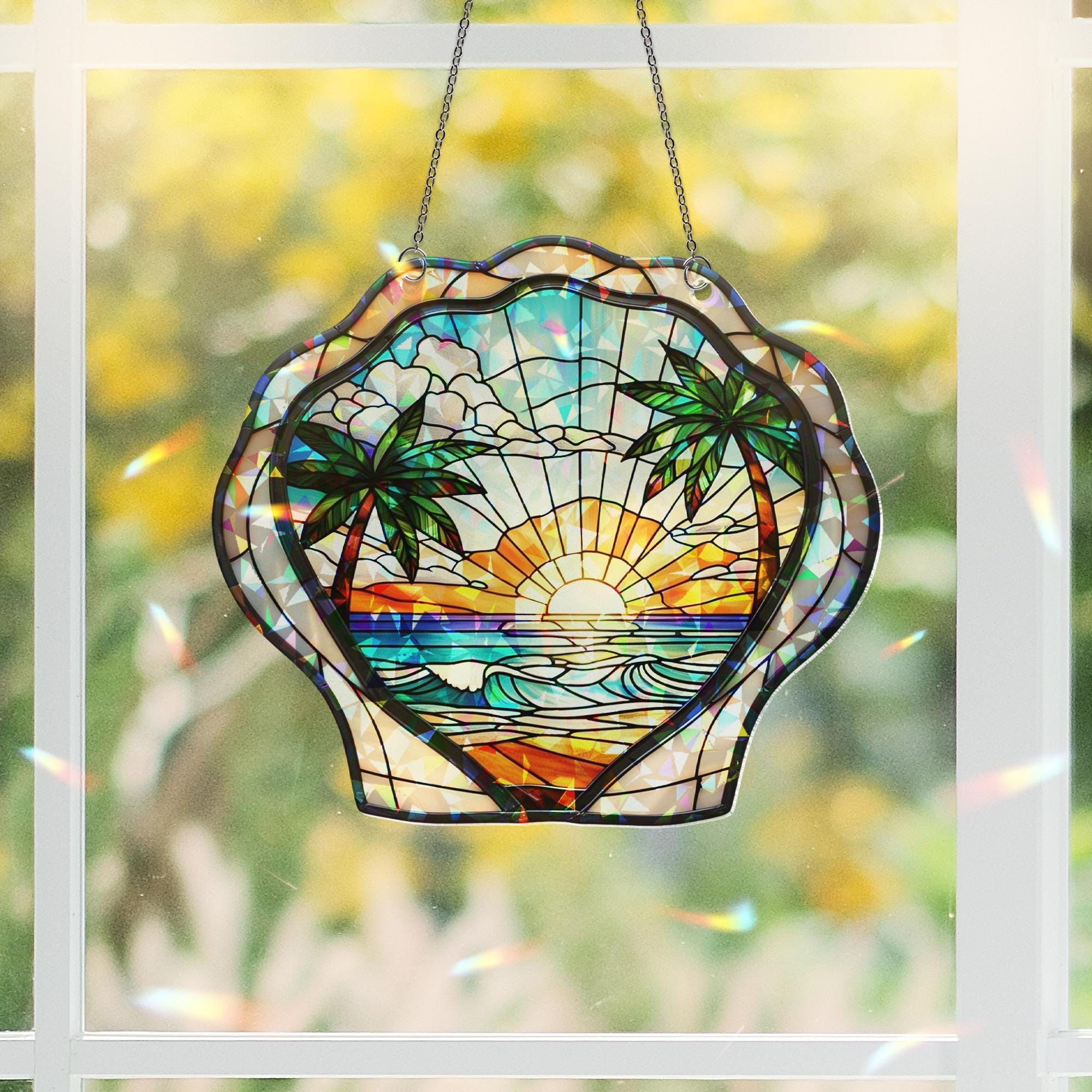 Seashell Hologram Acrylic Window Hanging | Tropical Beach Sunset Suncatcher | Ocean Coastal Decor | Summer Shell Window Art