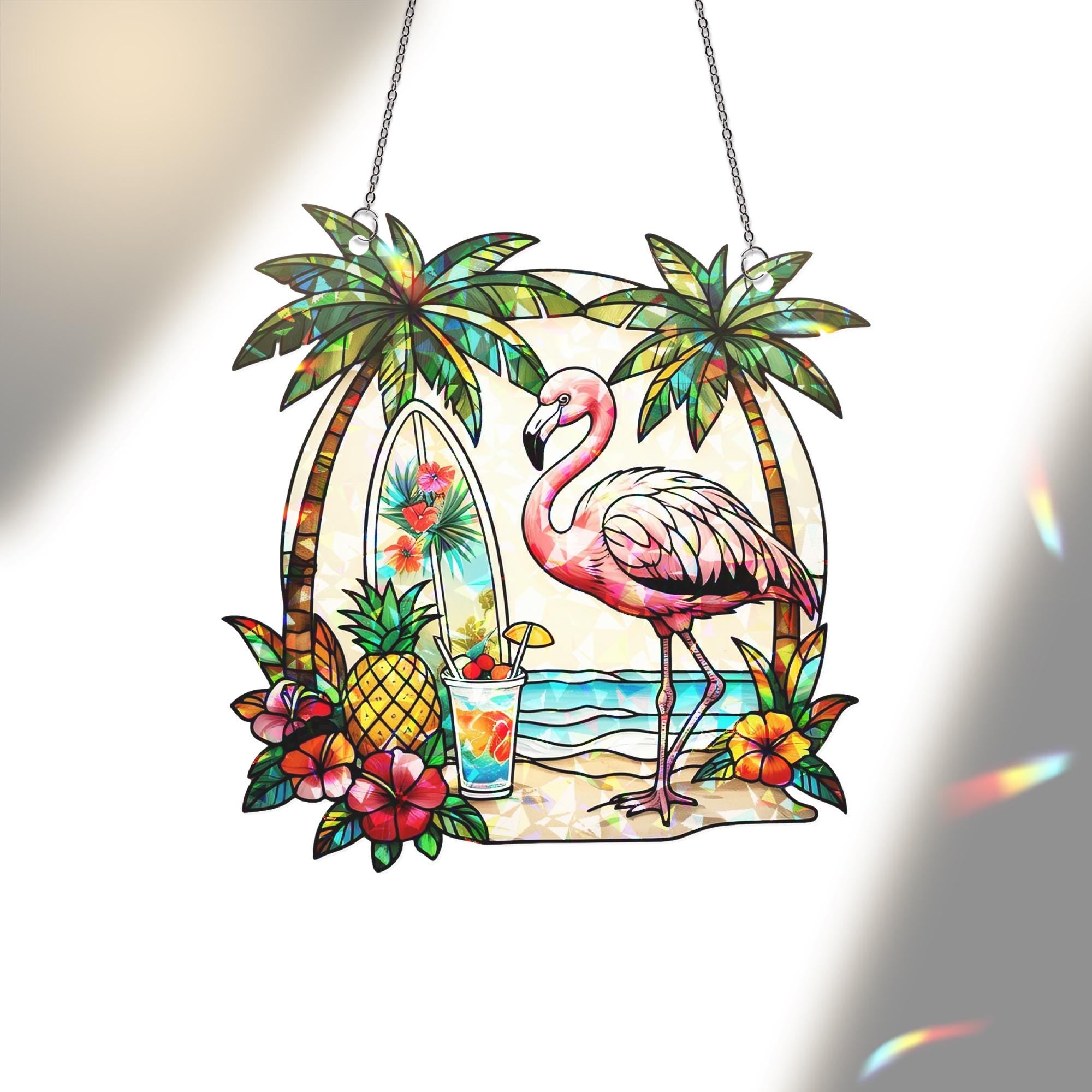 Tropical Flamingo Hologram Acrylic Window Hanging | Beach Summer Decor | Palm Tree Surfboard Sun Catcher | Coastal Window Art