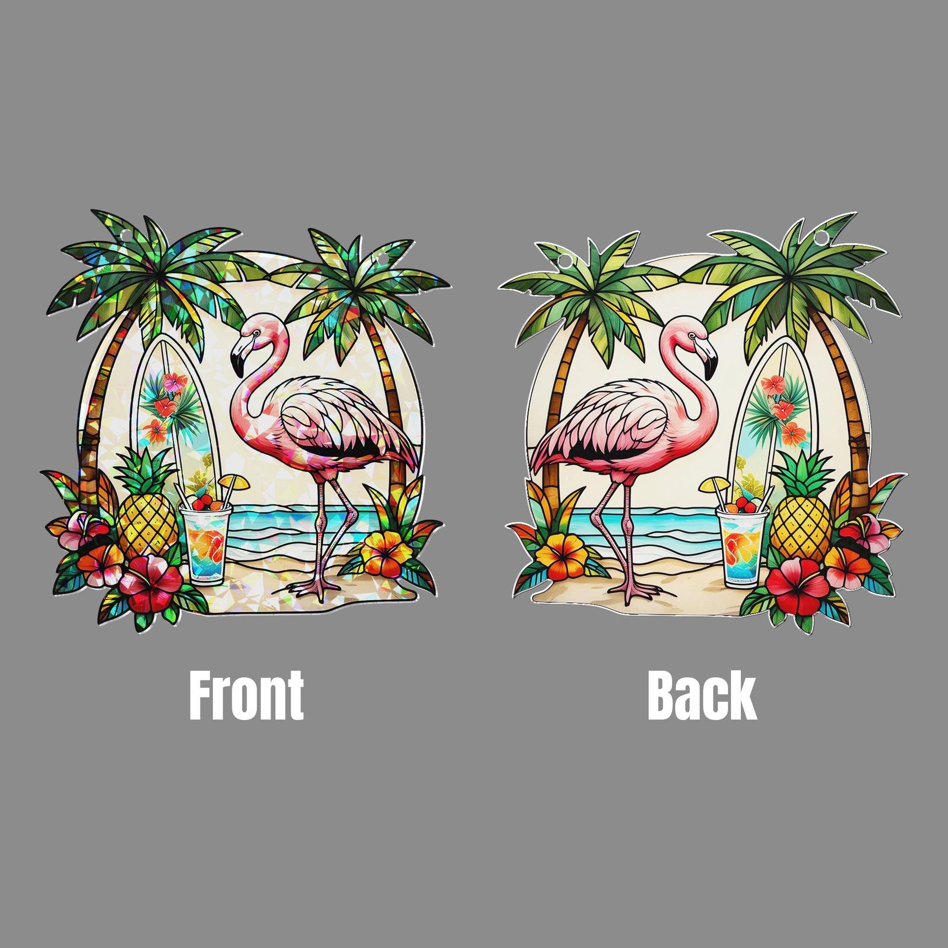 Tropical Flamingo Hologram Acrylic Window Hanging | Beach Summer Decor | Palm Tree Surfboard Sun Catcher | Coastal Window Art