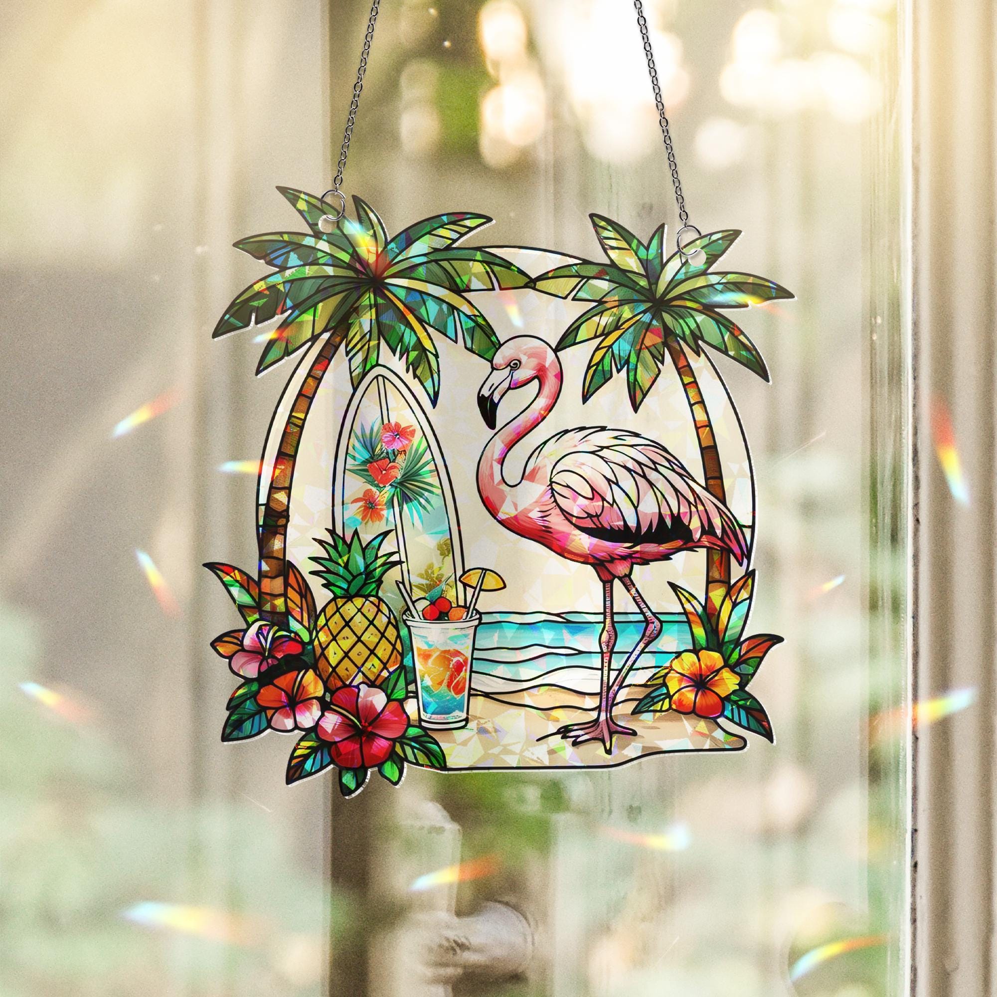 Tropical Flamingo Hologram Acrylic Window Hanging | Beach Summer Decor | Palm Tree Surfboard Sun Catcher | Coastal Window Art