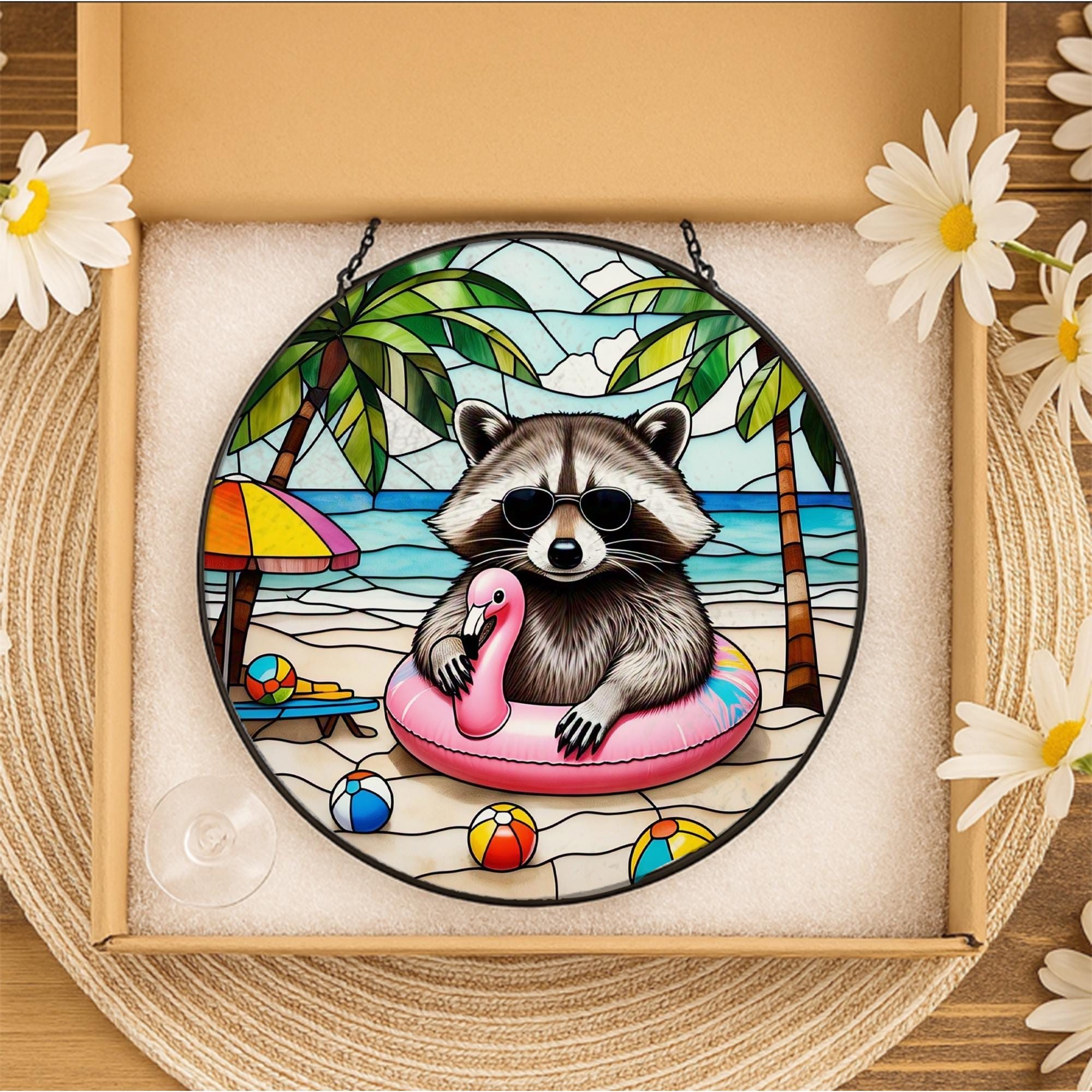 Funny Raccoon Beach Glass Suncatcher | Tropical Summer Window Decor | Cute Animal Pool Art | Coastal Flamingo Suncatcher Gift