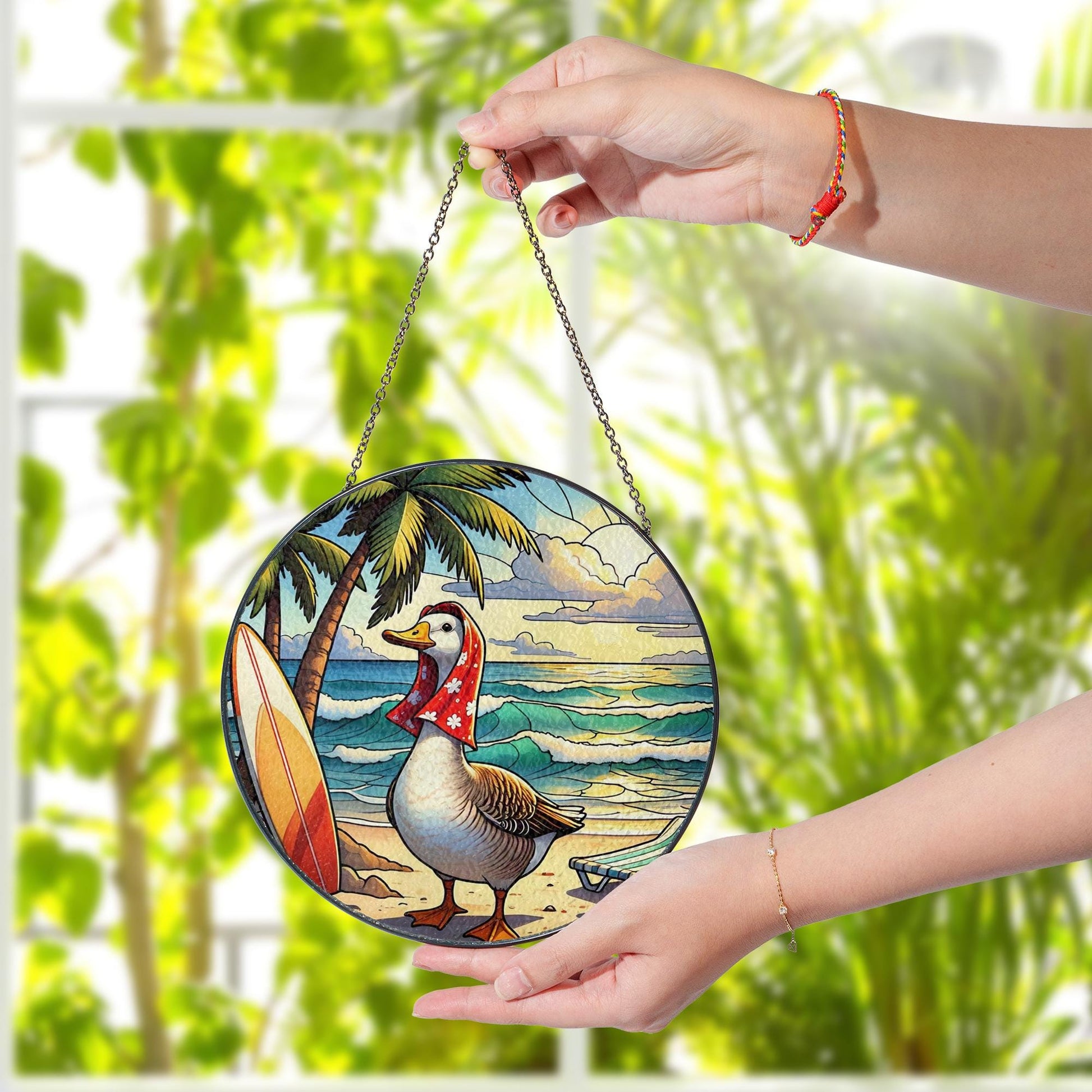 Funny Beach Goose Glass Suncatcher | Tropical Window Hanging Decor | Coastal Summer Sun Catcher | Quirky Goose Gift for Her