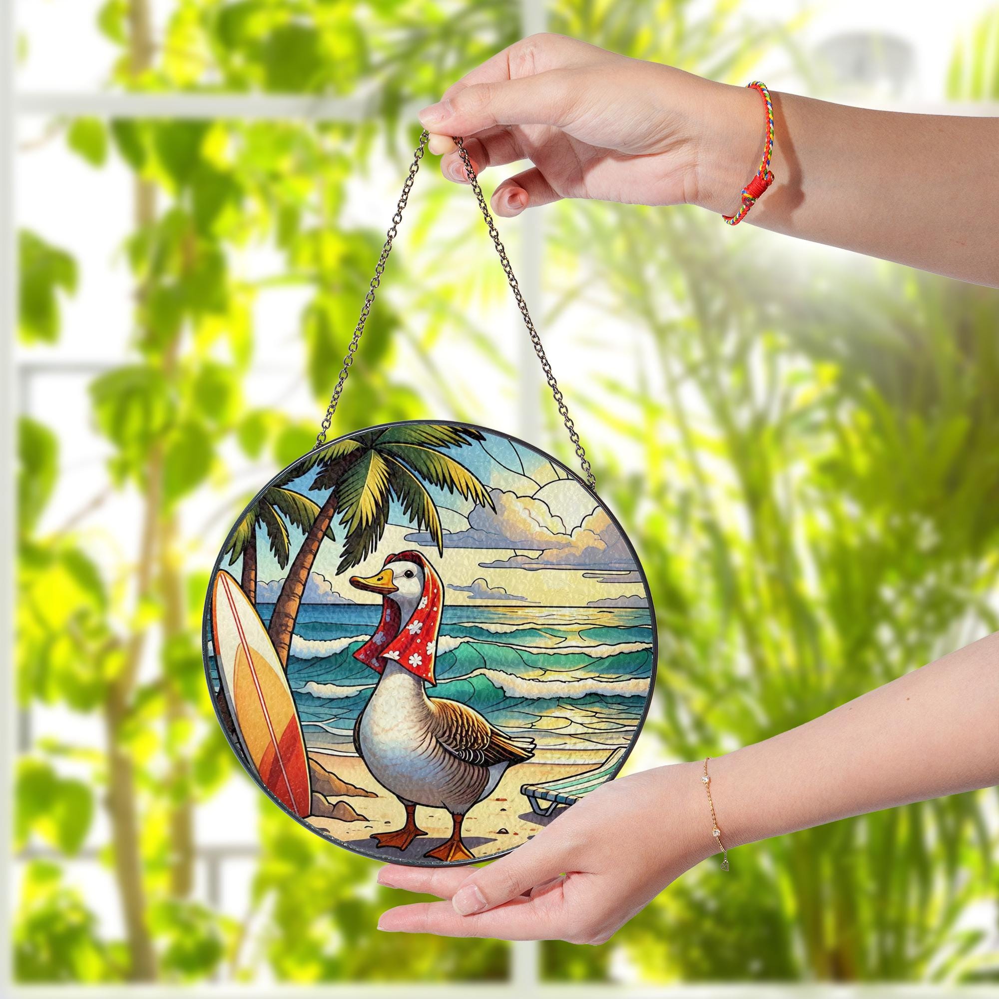 Funny Beach Goose Glass Suncatcher | Tropical Window Hanging Decor | Coastal Summer Sun Catcher | Quirky Goose Gift for Her