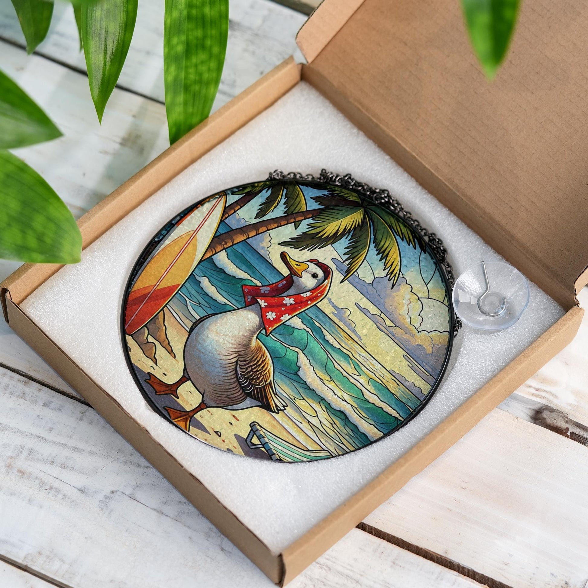 Funny Beach Goose Glass Suncatcher | Tropical Window Hanging Decor | Coastal Summer Sun Catcher | Quirky Goose Gift for Her