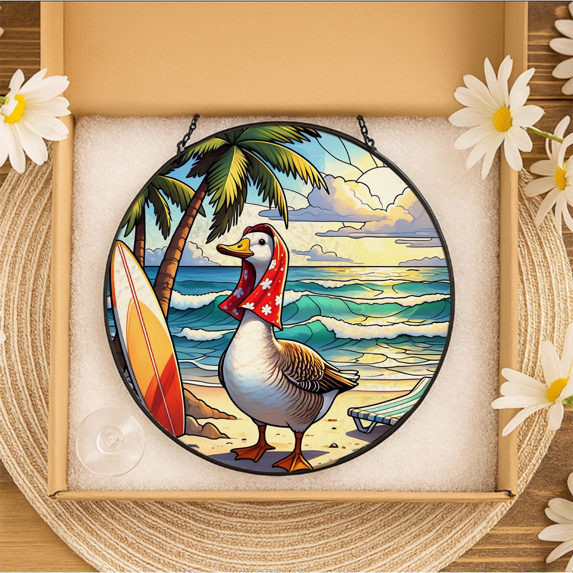Funny Beach Goose Glass Suncatcher | Tropical Window Hanging Decor | Coastal Summer Sun Catcher | Quirky Goose Gift for Her