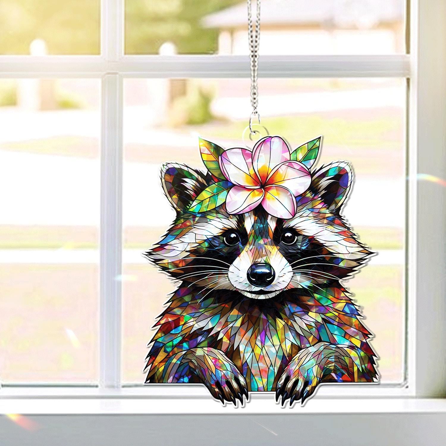 Raccoon and Plumeria Flower Acrylic Window Hanging – Summer Suncatcher Decor, Cute Animal Garden Gift, Colorful Home Accent