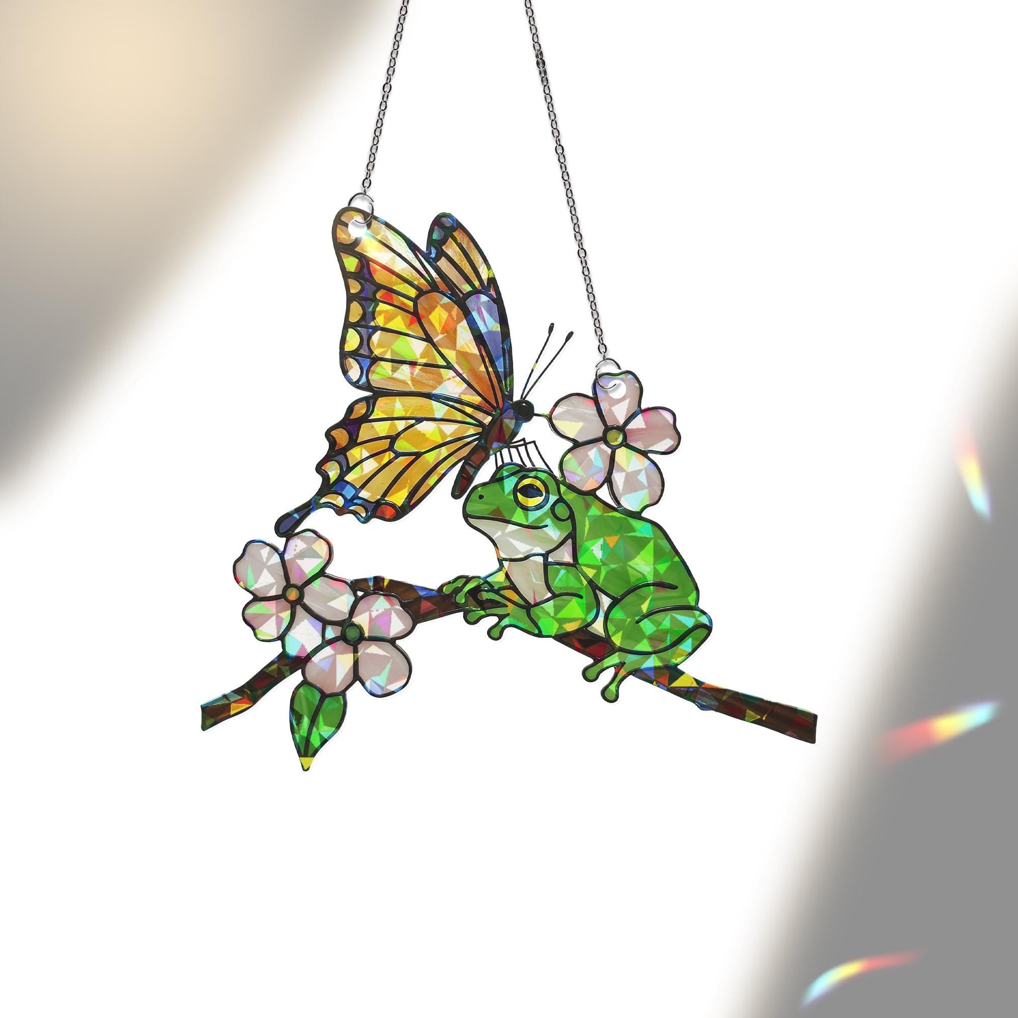 Frog and Butterfly Acrylic Window Hanging – Colorful Stained Glass Style Suncatcher with Blossoms, Cute Nature Decor for Summer