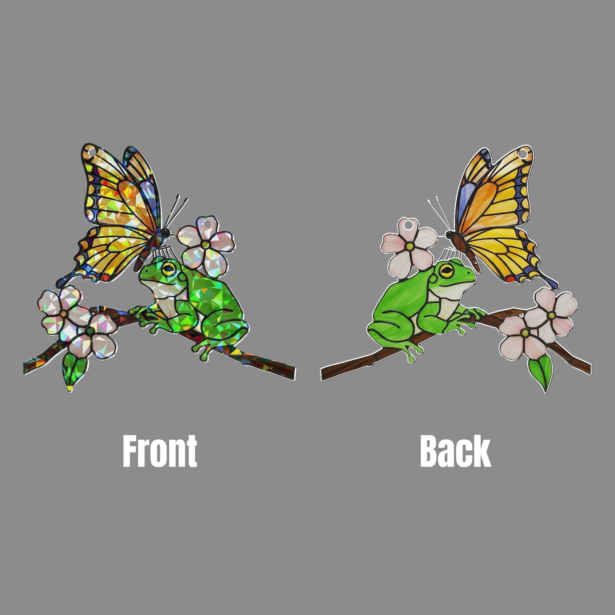 Frog and Butterfly Acrylic Window Hanging – Colorful Stained Glass Style Suncatcher with Blossoms, Cute Nature Decor for Summer