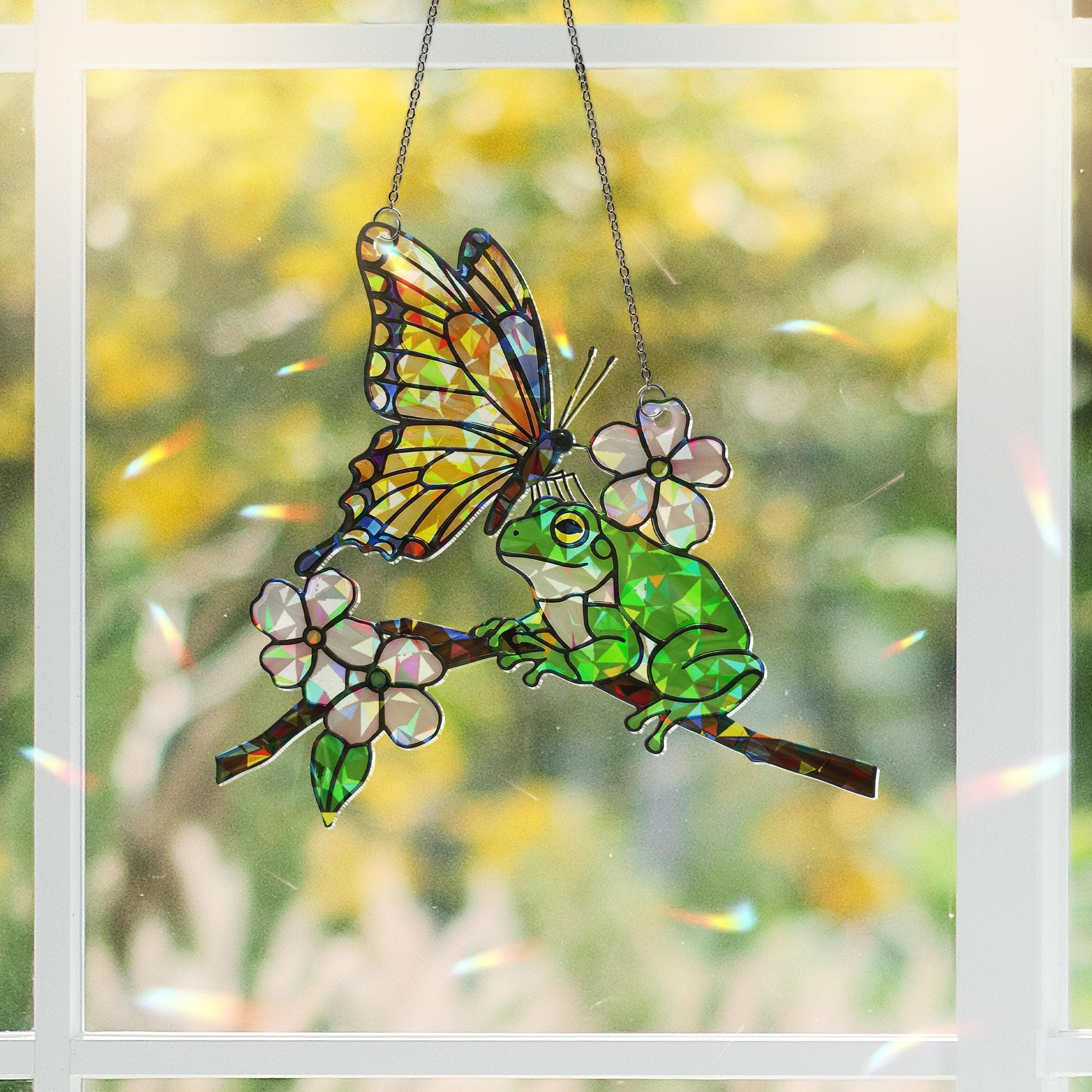 Frog and Butterfly Acrylic Window Hanging – Colorful Stained Glass Style Suncatcher with Blossoms, Cute Nature Decor for Summer