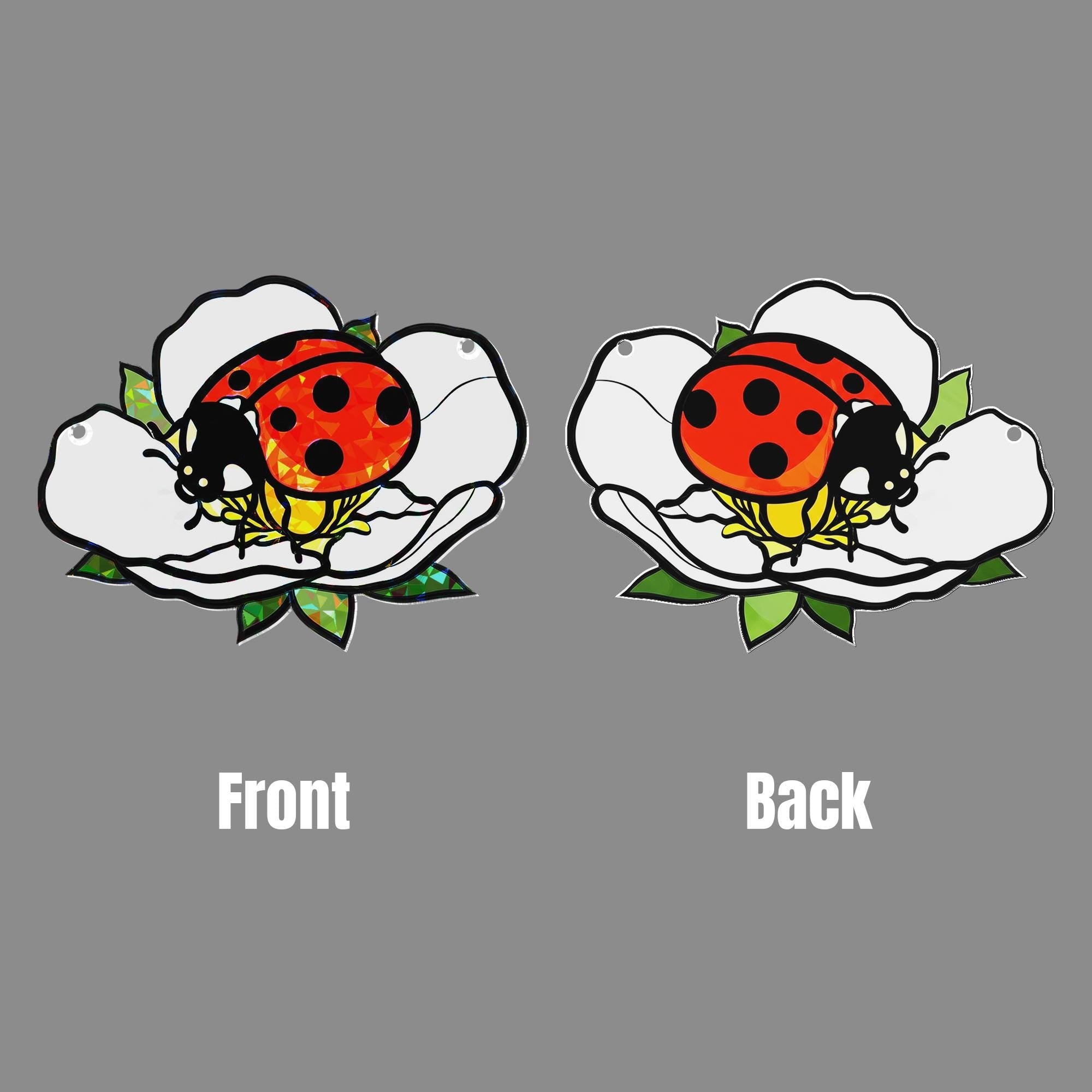 Ladybug Acrylic Window Hanging – Ladybug on White Wild Strawberry Flower Hanging, Cute Garden Insect Decor for Spring and Summer