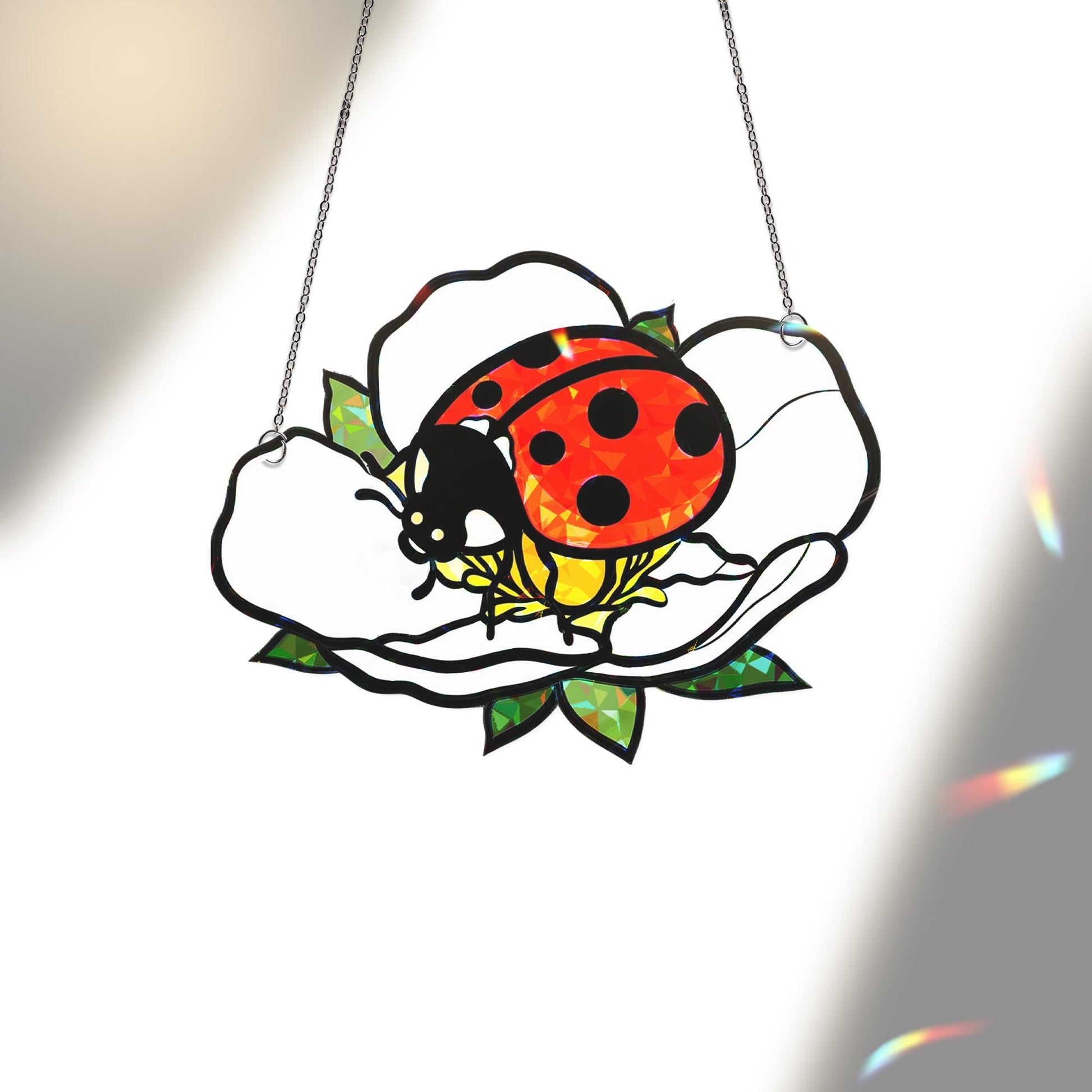 Ladybug Acrylic Window Hanging – Ladybug on White Wild Strawberry Flower Hanging, Cute Garden Insect Decor for Spring and Summer