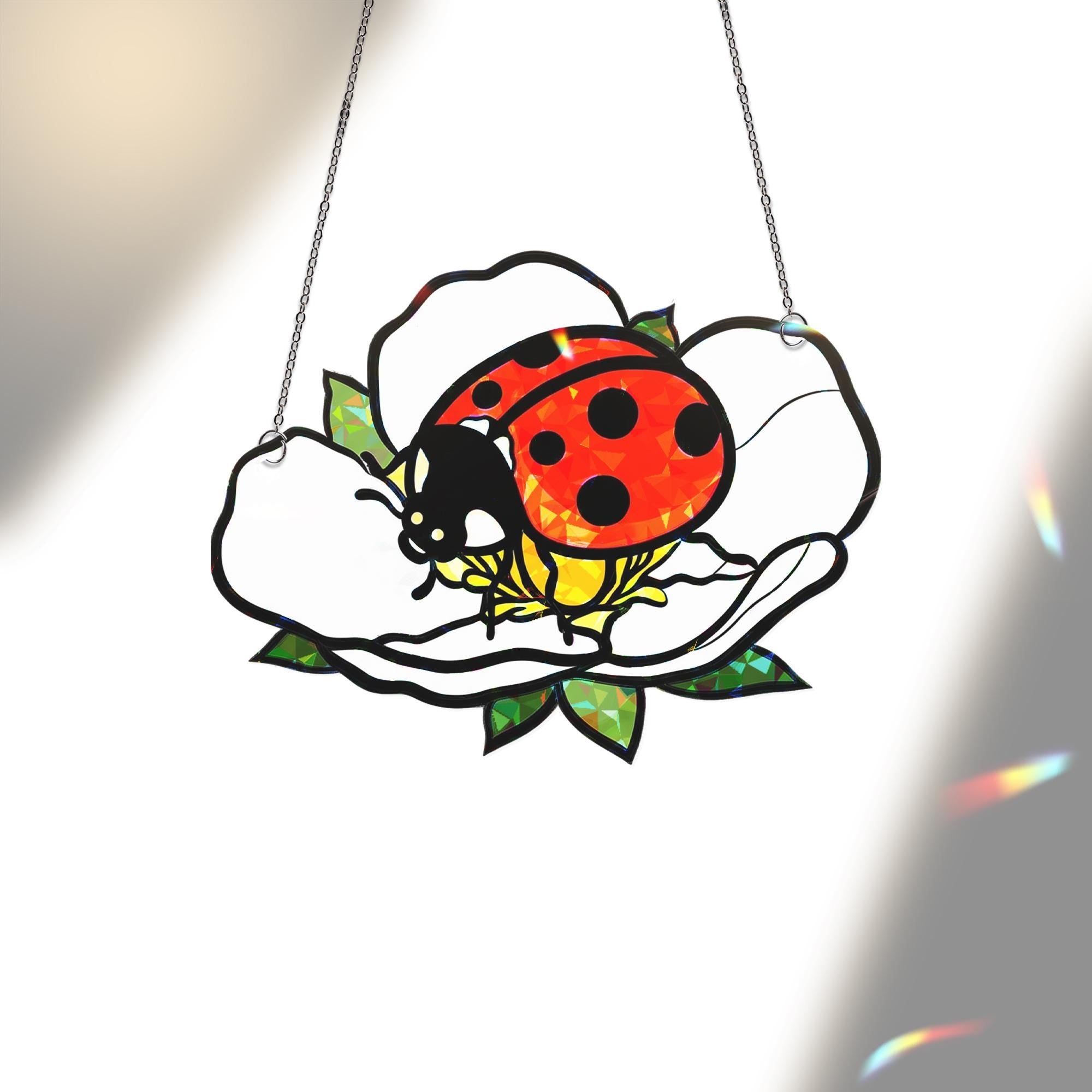 Ladybug Acrylic Window Hanging – Ladybug on White Wild Strawberry Flower Hanging, Cute Garden Insect Decor for Spring and Summer