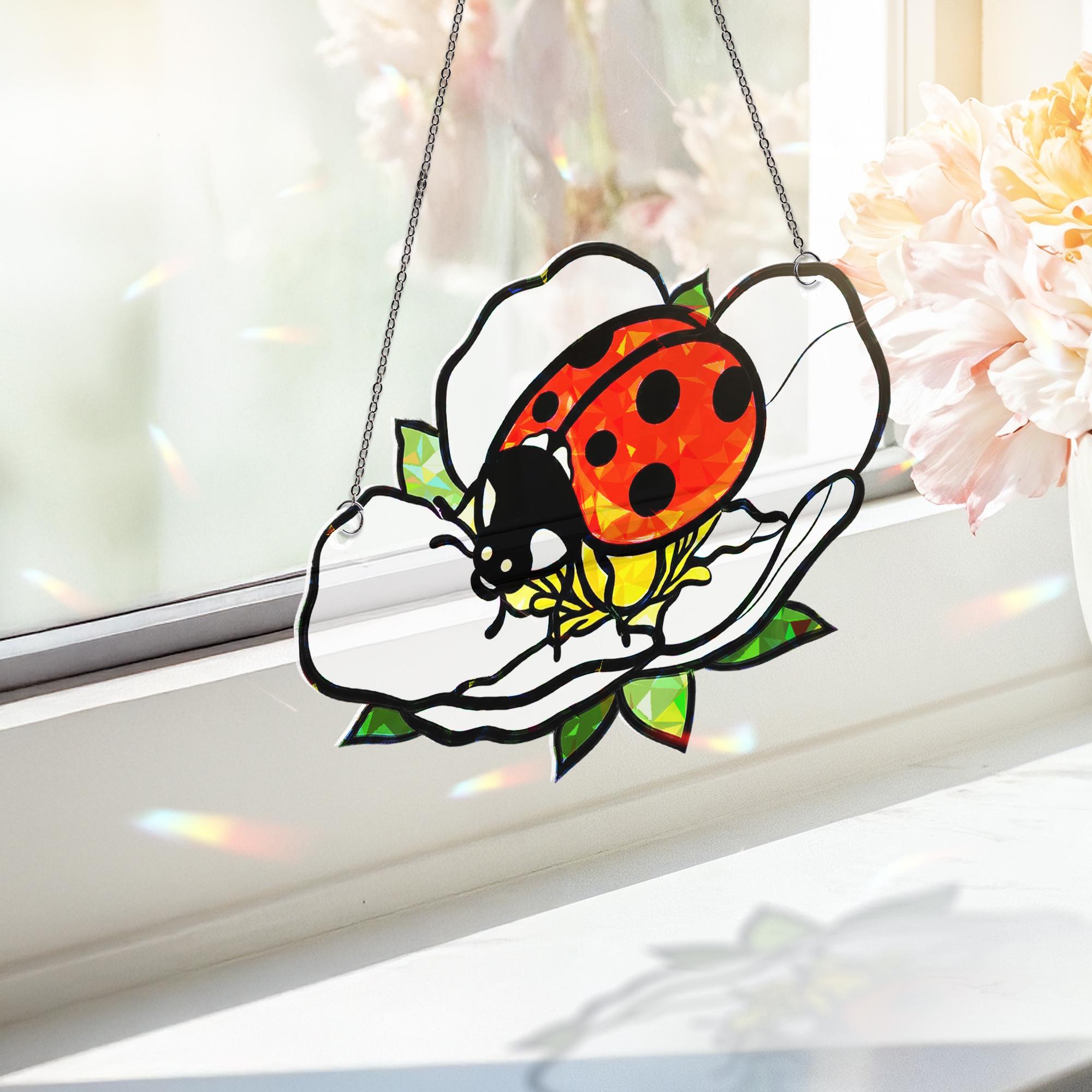 Ladybug Acrylic Window Hanging – Ladybug on White Wild Strawberry Flower Hanging, Cute Garden Insect Decor for Spring and Summer