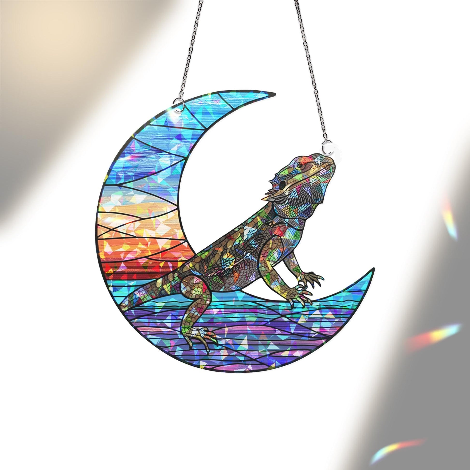 Bearded Dragon Moon Suncatcher | Holographic Acrylic Summer Window Decor | Beach Vibes Lizard Gift | Colorful Crescent Sun Catcher