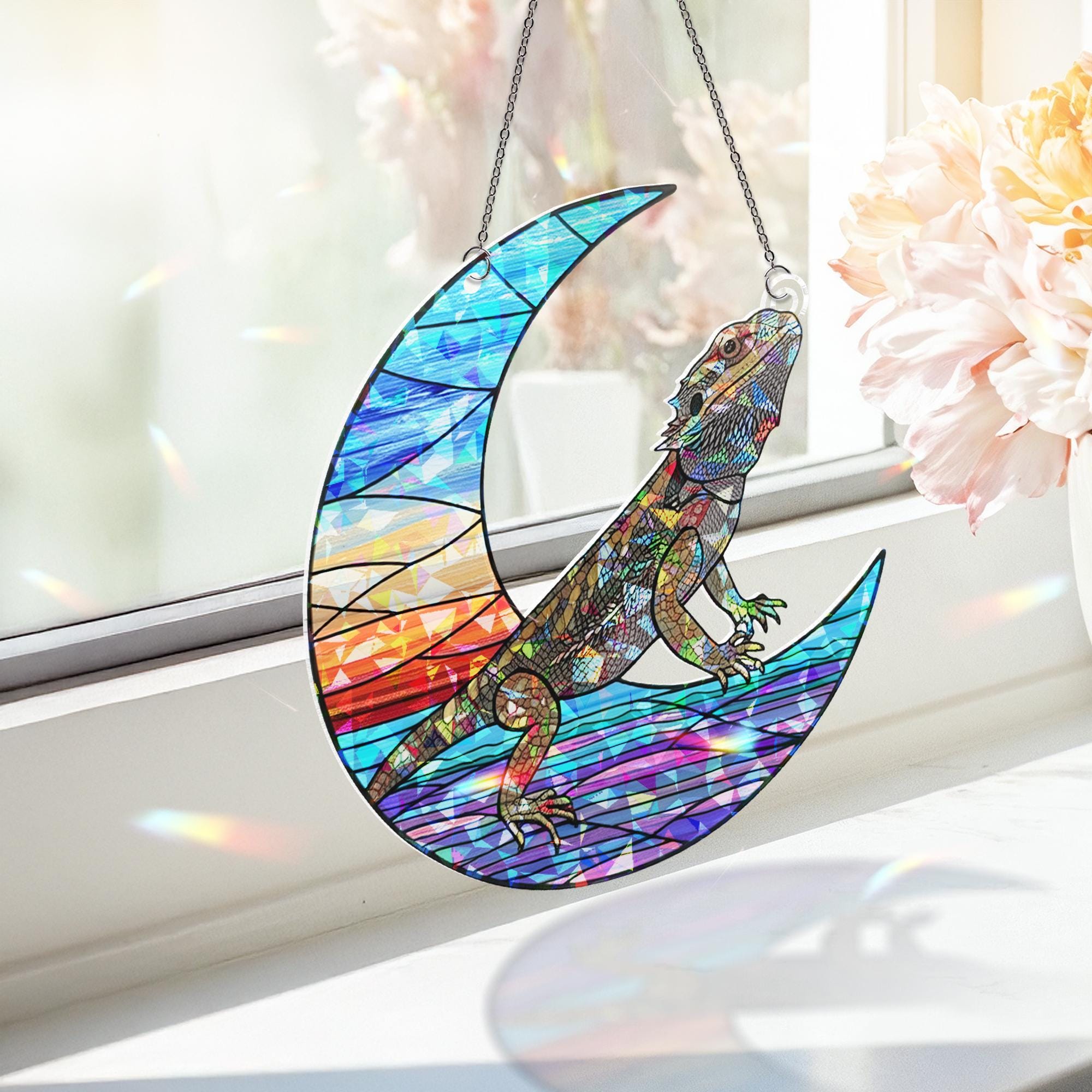 Bearded Dragon Moon Suncatcher | Holographic Acrylic Summer Window Decor | Beach Vibes Lizard Gift | Colorful Crescent Sun Catcher