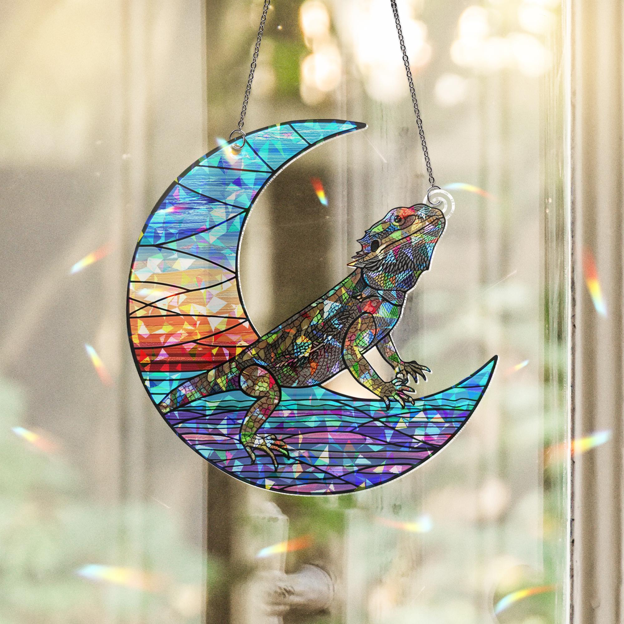 Bearded Dragon Moon Suncatcher | Holographic Acrylic Summer Window Decor | Beach Vibes Lizard Gift | Colorful Crescent Sun Catcher