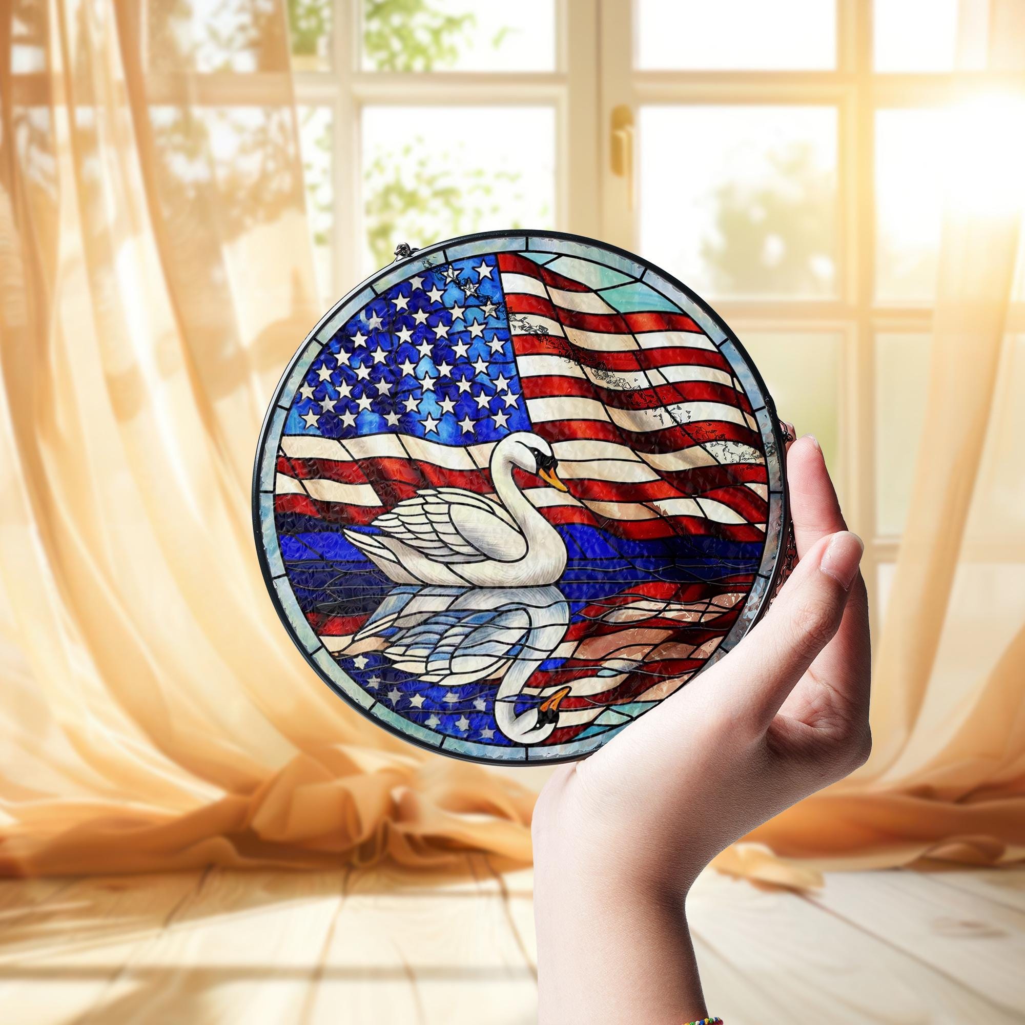 Patriotic Swan Glass Suncatcher – American Flag Round Window Hanging Decor, 4th of July Stained Glass Art for Independence Day Gift