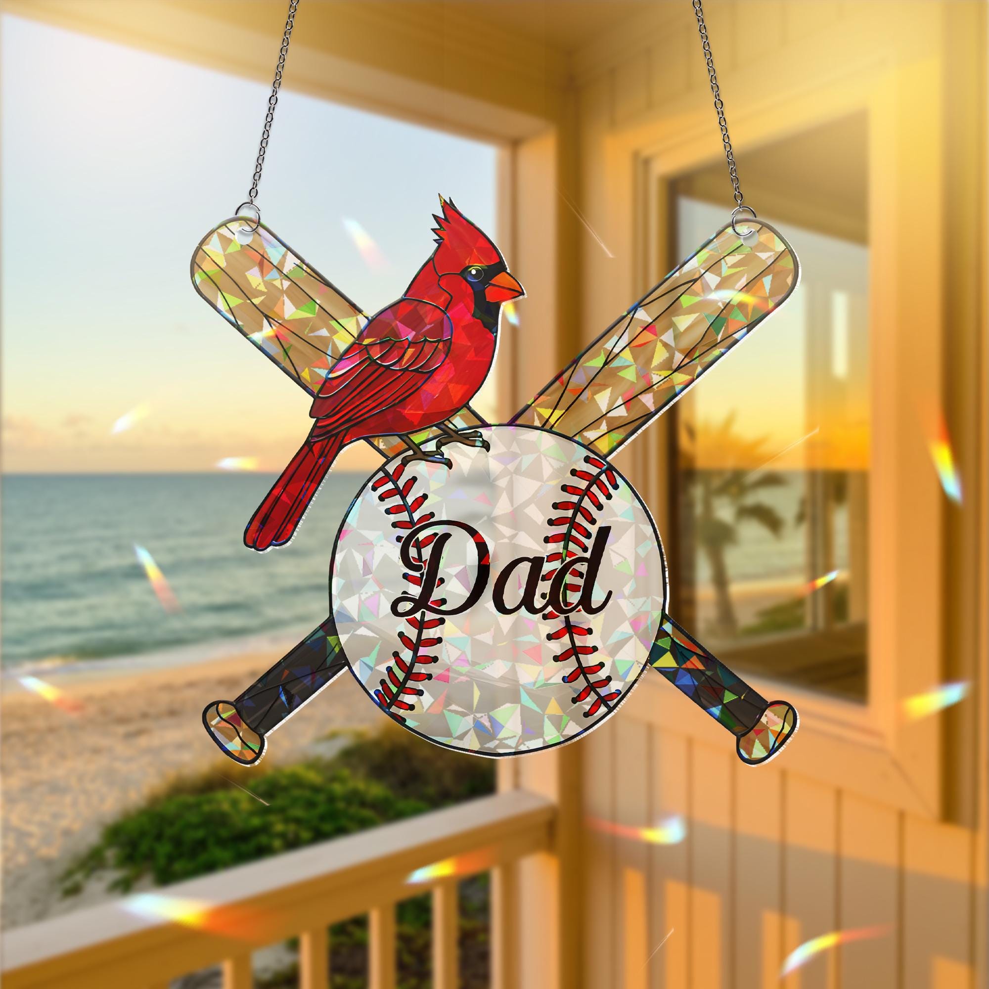 Baseball Dad Memorial Hologram Acrylic Window Hanging, Cardinal Memorial Gift, Father's Day Decor, Baseball Dad Ornament, Dad keepsake