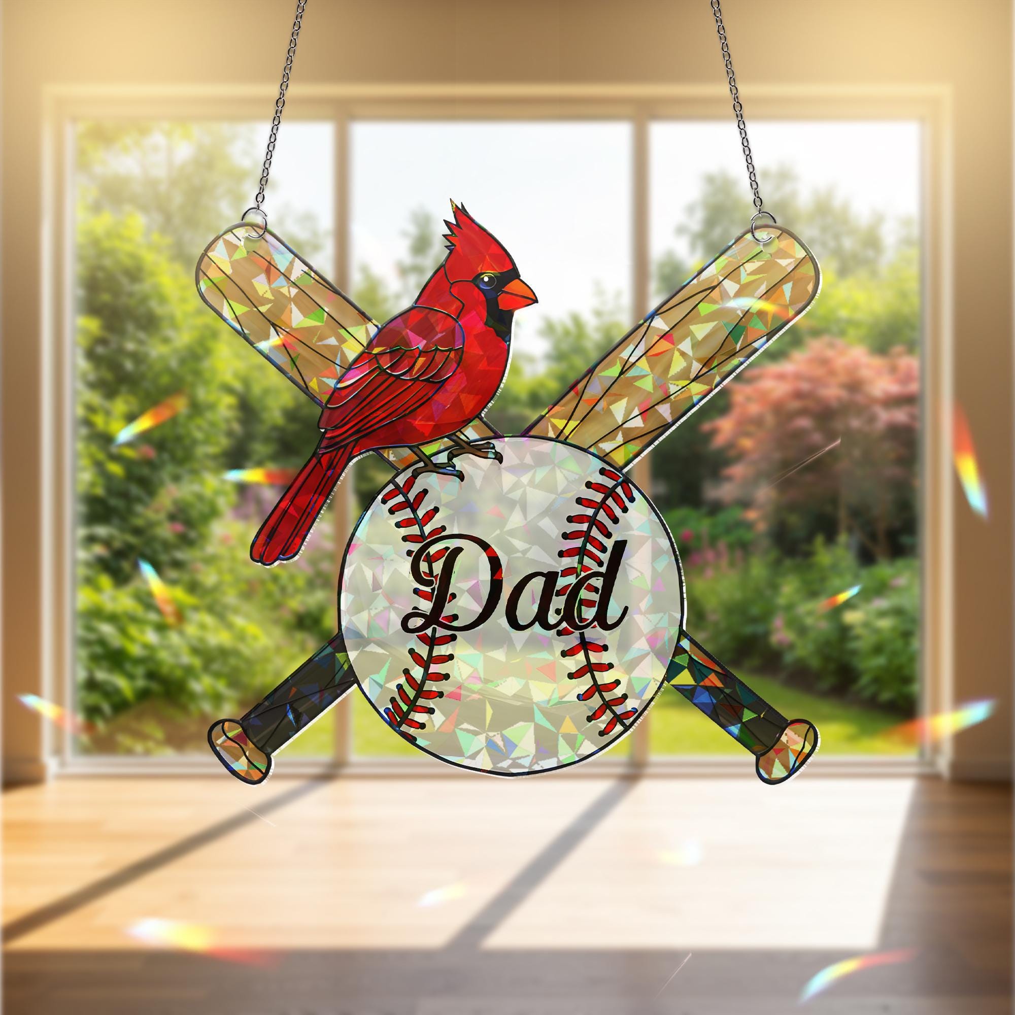 Baseball Dad Memorial Hologram Acrylic Window Hanging, Cardinal Memorial Gift, Father's Day Decor, Baseball Dad Ornament, Dad keepsake