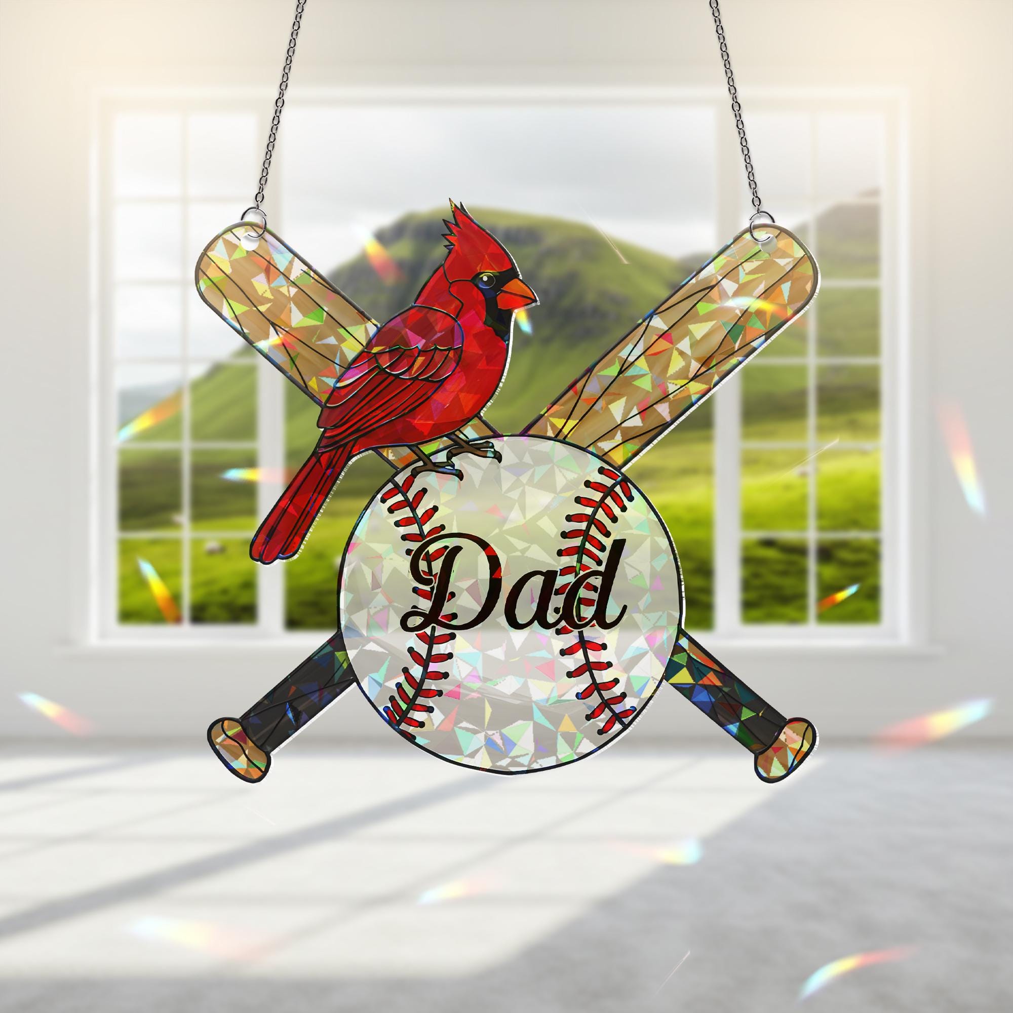 Baseball Dad Memorial Hologram Acrylic Window Hanging, Cardinal Memorial Gift, Father's Day Decor, Baseball Dad Ornament, Dad keepsake