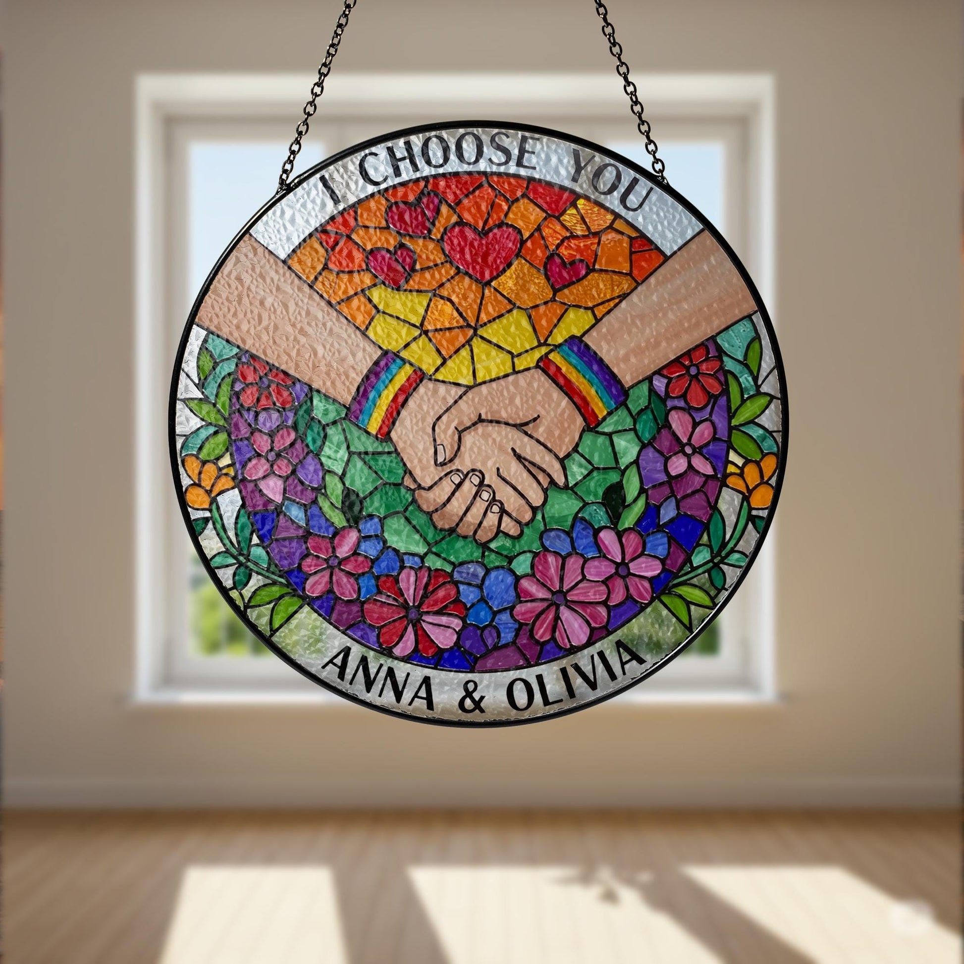 Custom LGBT Couple Stained Glass Suncatcher, Personalized Pride Gift, Rainbow Hand Holding, Anniversary Decor, Wedding Keepsake, Gay Lesbian
