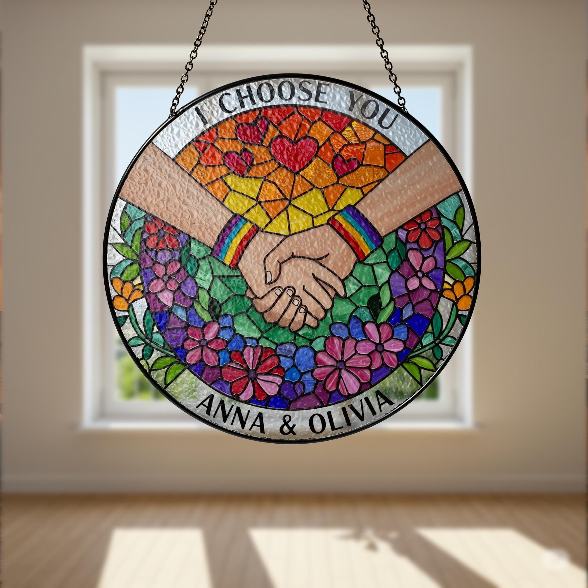 Custom LGBT Couple Stained Glass Suncatcher, Personalized Pride Gift, Rainbow Hand Holding, Anniversary Decor, Wedding Keepsake, Gay Lesbian