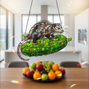 Funny Possum Riding Pickle Suncatcher, Holographic Acrylic Window Decor, Cute Animal Ornament, Weird Gift for Nature Lovers, Kitchen Decor