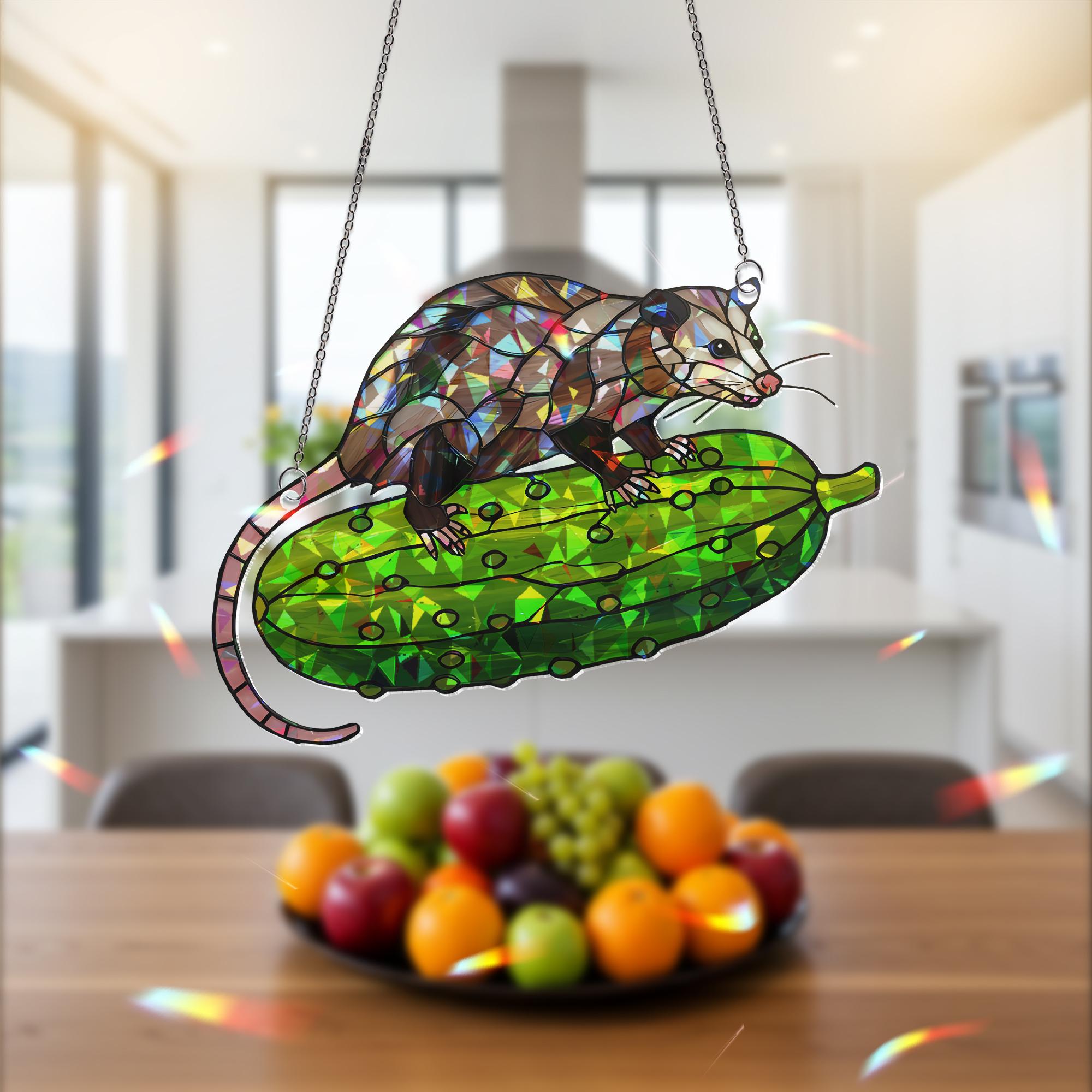 Funny Possum Riding Pickle Suncatcher, Holographic Acrylic Window Decor, Cute Animal Ornament, Weird Gift for Nature Lovers, Kitchen Decor