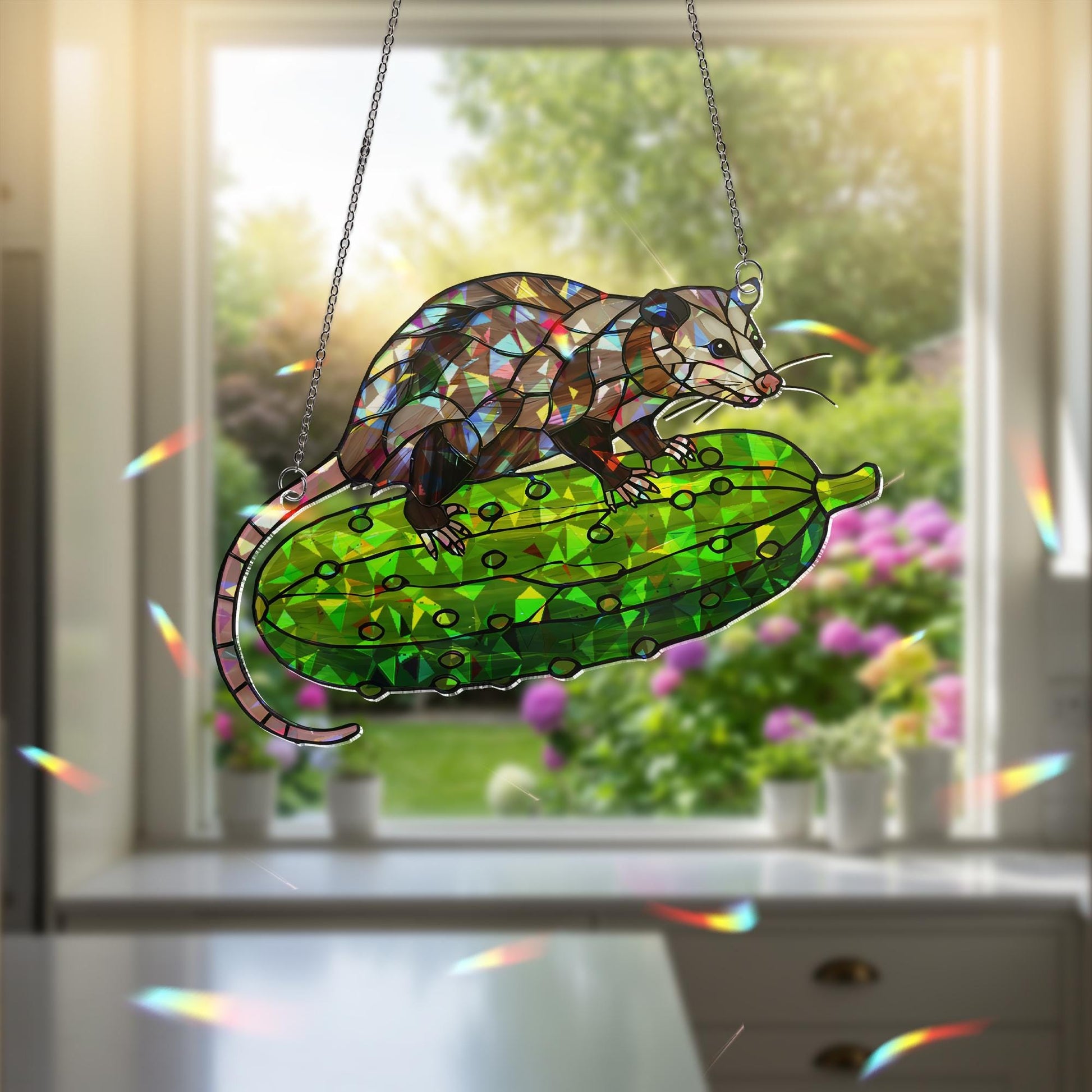Funny Possum Riding Pickle Suncatcher, Holographic Acrylic Window Decor, Cute Animal Ornament, Weird Gift for Nature Lovers, Kitchen Decor