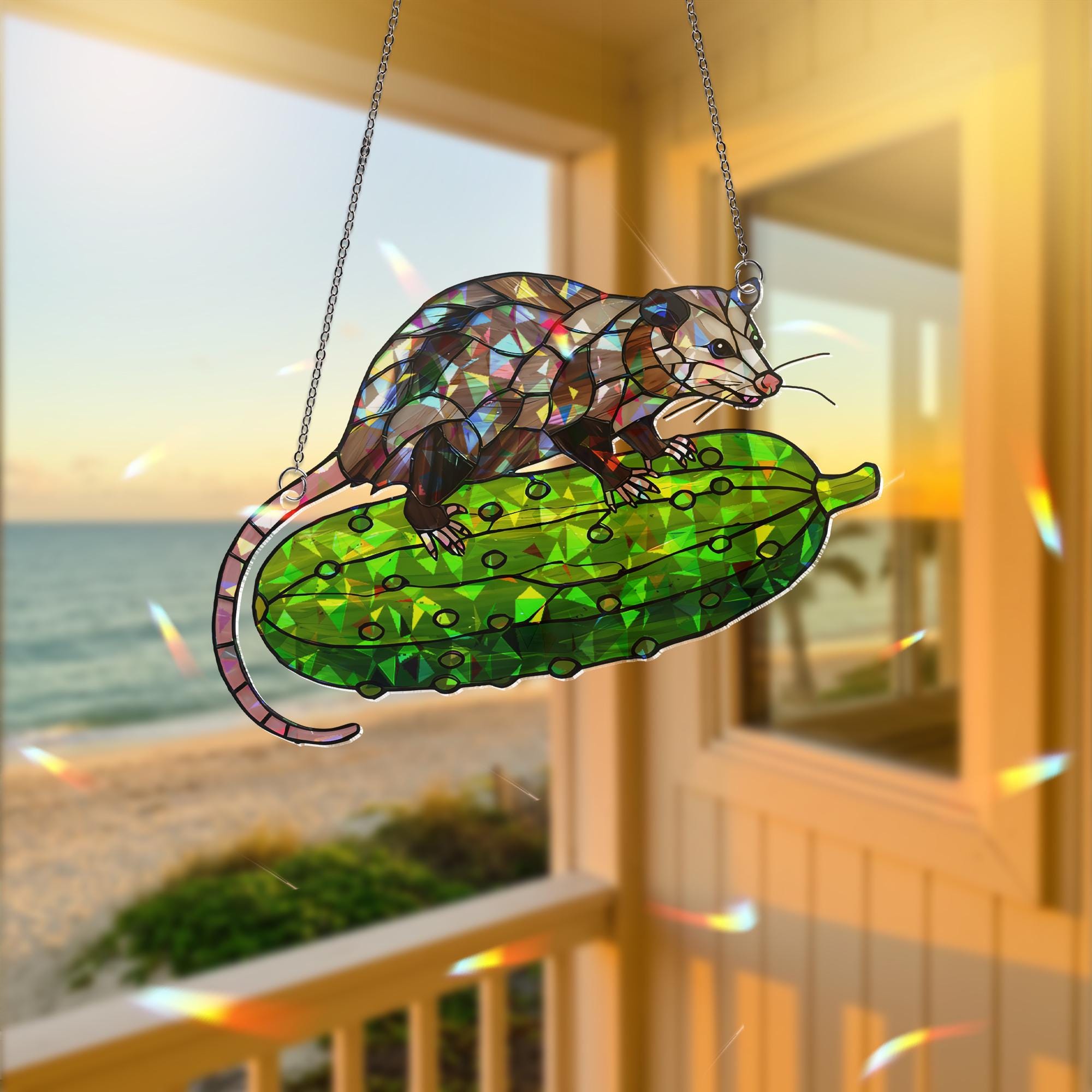 Funny Possum Riding Pickle Suncatcher, Holographic Acrylic Window Decor, Cute Animal Ornament, Weird Gift for Nature Lovers, Kitchen Decor